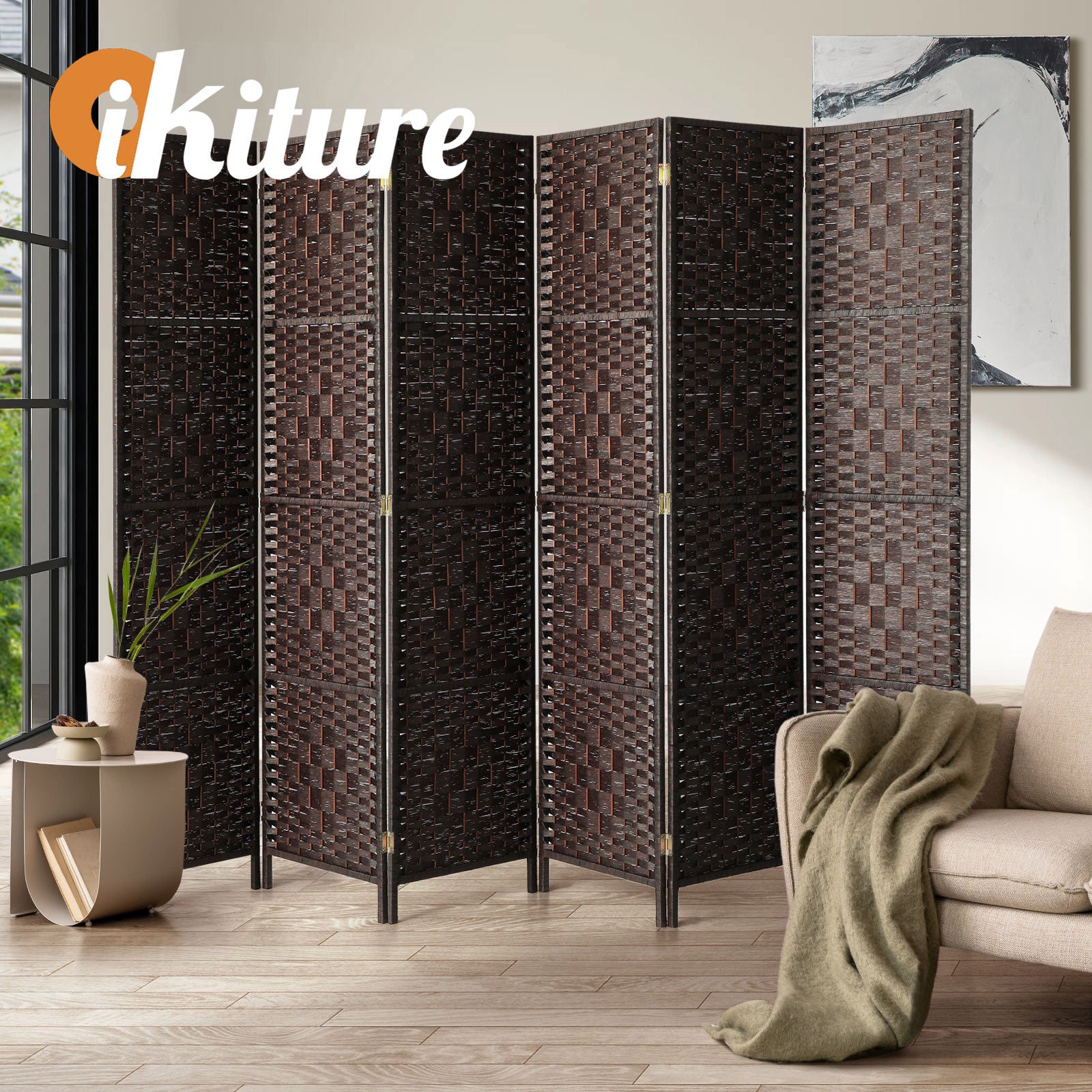 Oikiture 6 Panel Room Divider Screen Privacy Dividers Woven Wood Folding Brown - Sunyee
