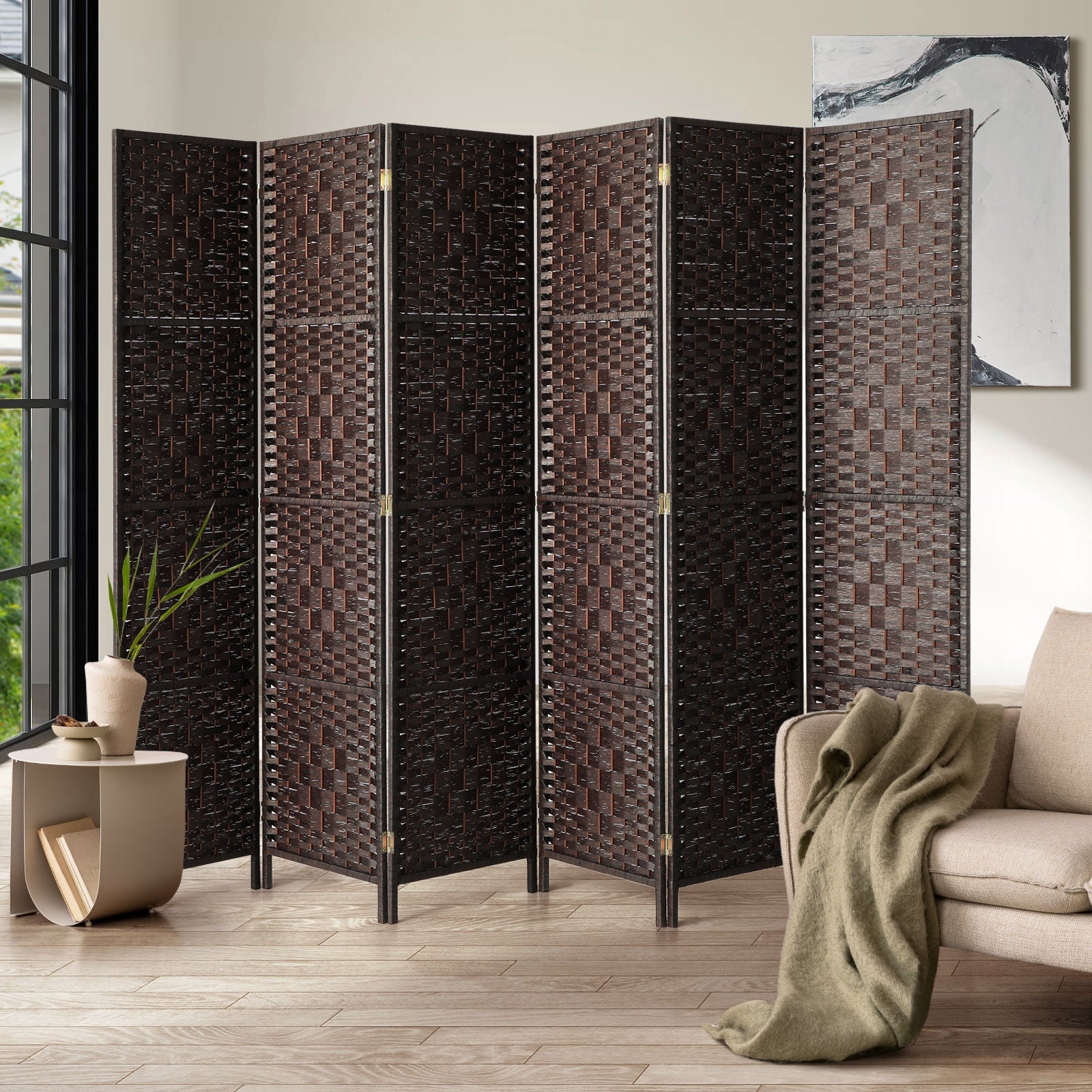 Oikiture 6 Panel Room Divider Screen Privacy Dividers Woven Wood Folding Brown - Sunyee