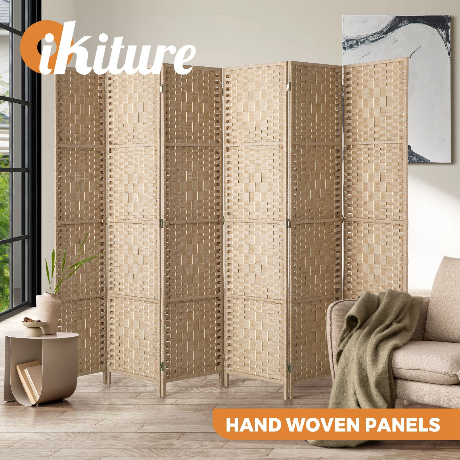 Oikiture 4/6/8 Panel Room Divider Privacy Screen Dividers Woven Wood Fold Stand - Sunyee