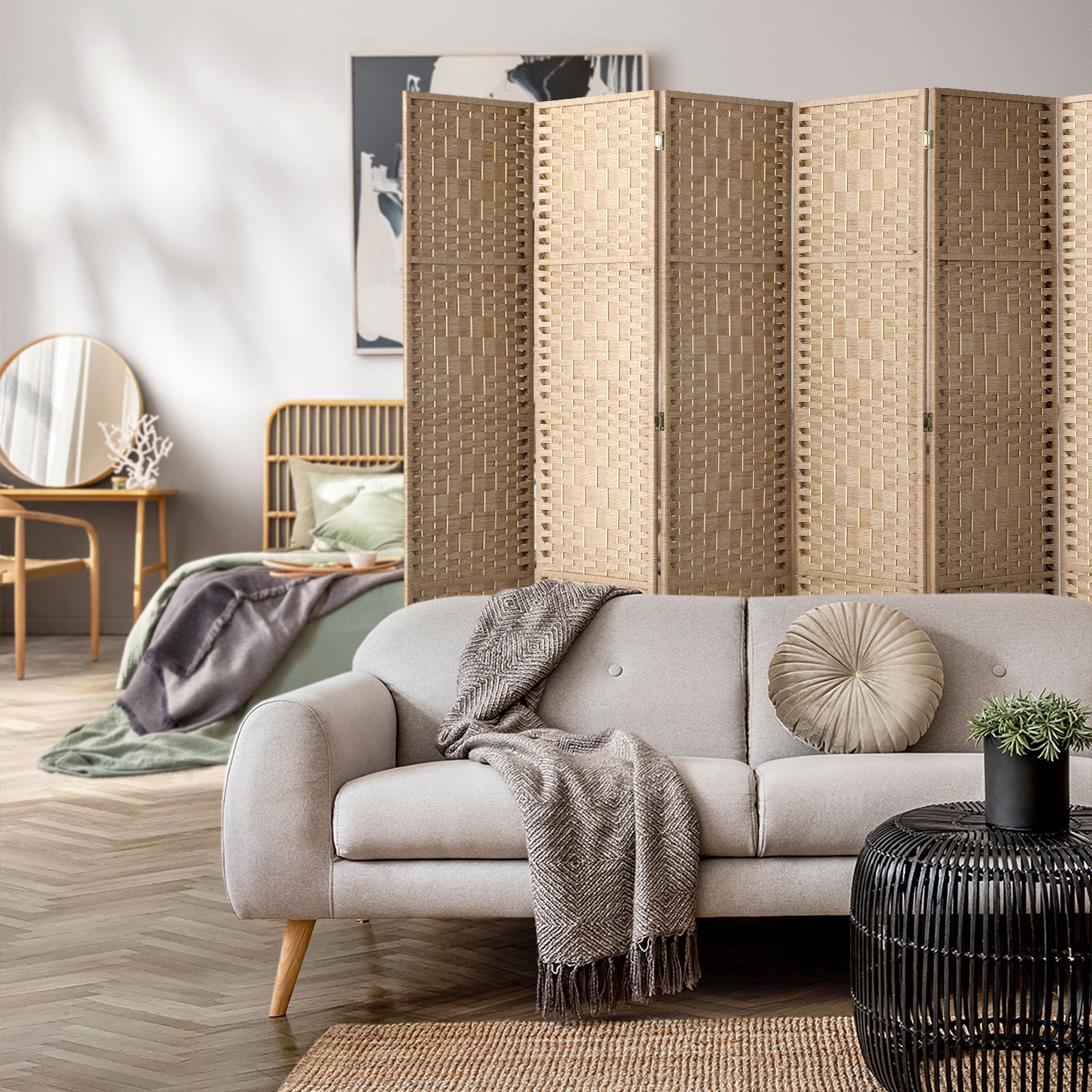 Oikiture 6 Panel Room Divider Privacy Screen Dividers Woven Wood Fold Stand - Sunyee