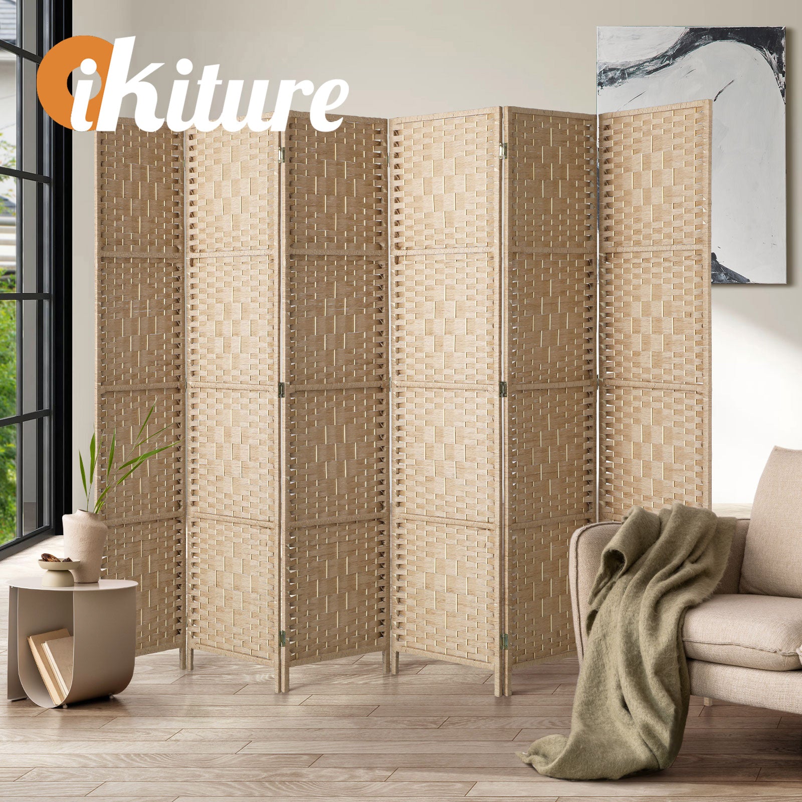Oikiture 6 Panel Room Divider Privacy Screen Dividers Woven Wood Fold Stand - Sunyee