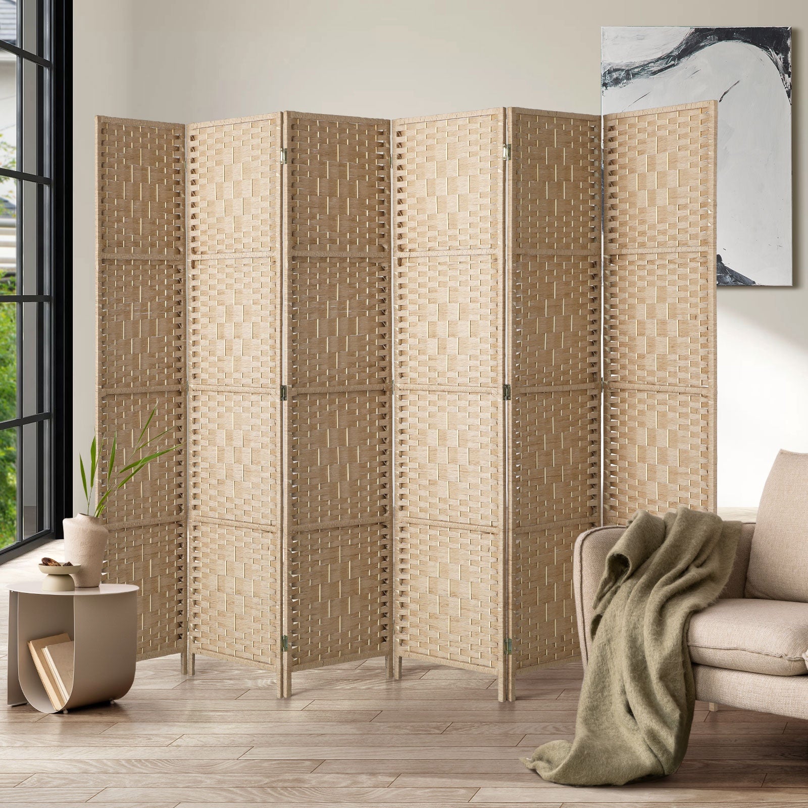 Oikiture 6 Panel Room Divider Privacy Screen Dividers Woven Wood Fold Stand - Sunyee