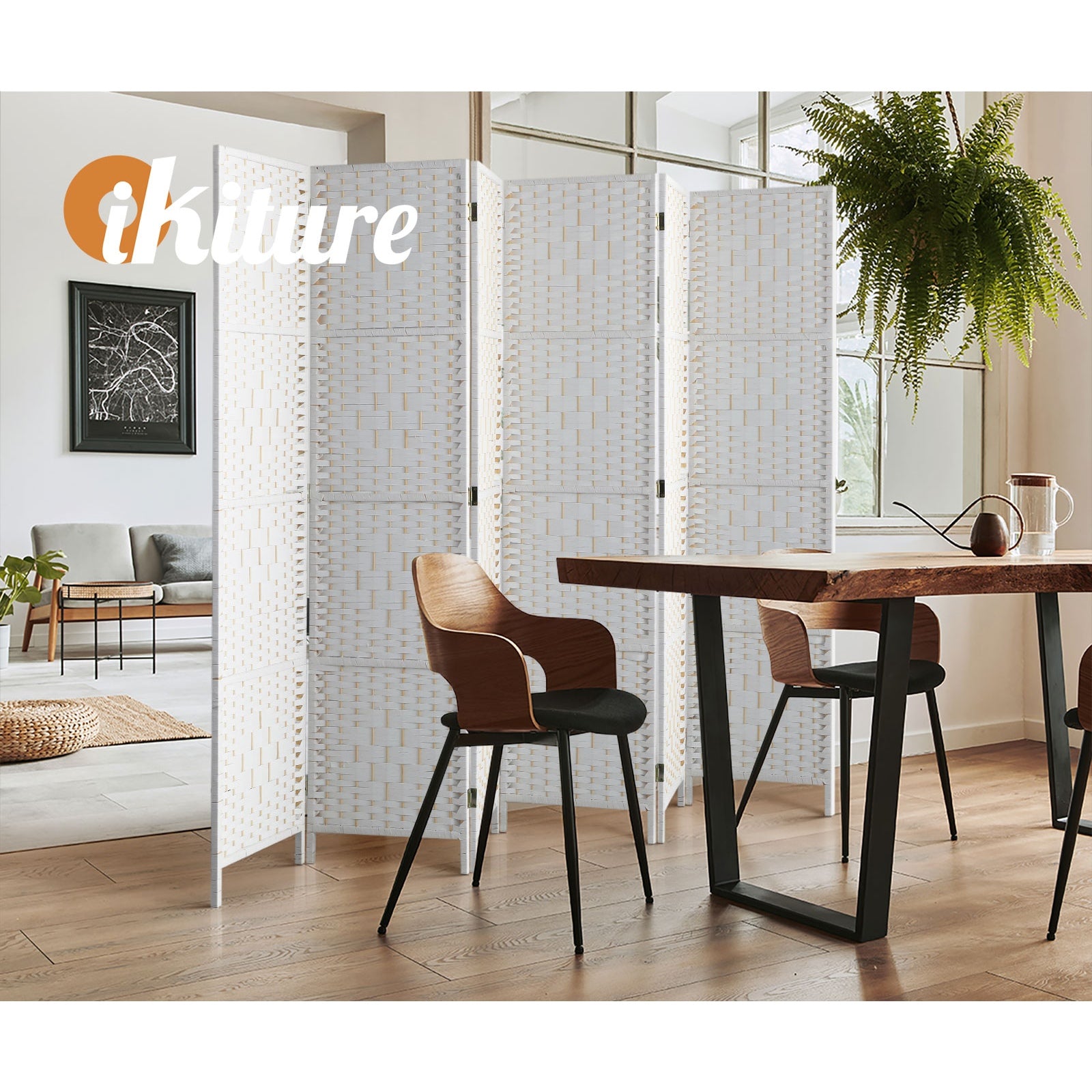 Oikiture 6 Panel Room Divider Screen Privacy Dividers Woven Wood Folding White - Sunyee