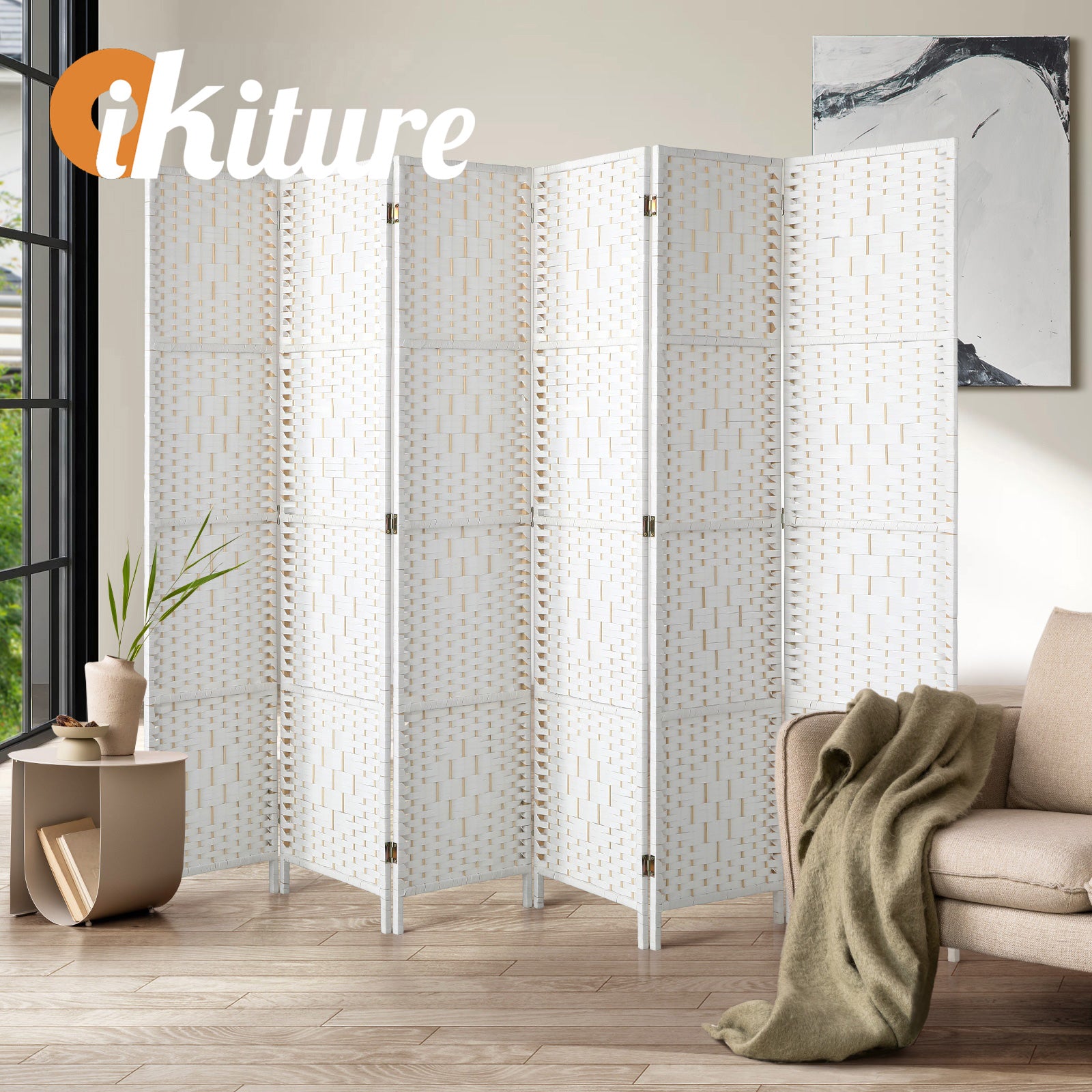Oikiture 6 Panel Room Divider Screen Privacy Dividers Woven Wood Folding White - Sunyee