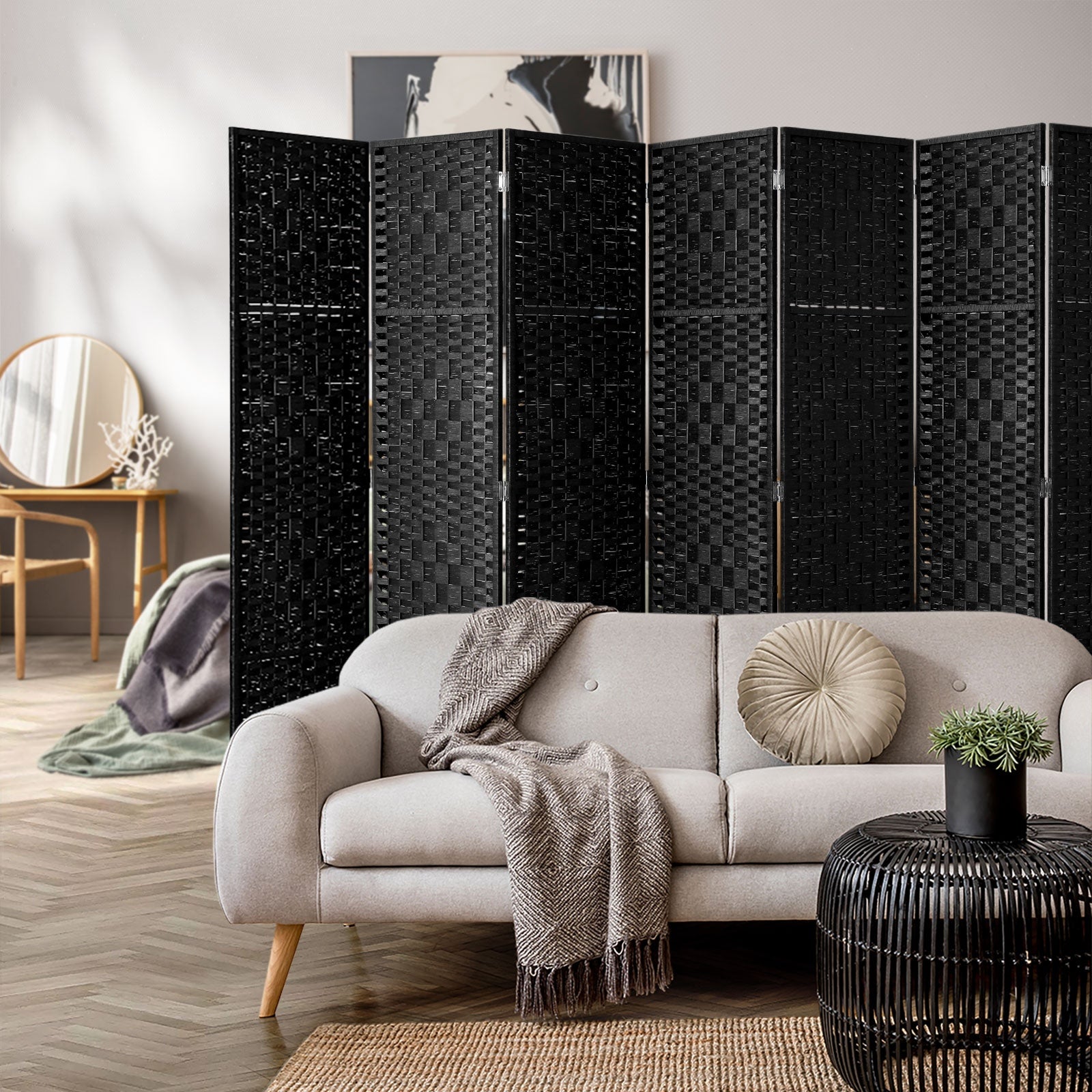 Oikiture 8 Panel Room Divider Screen Privacy Dividers Woven Wood Folding Black - Sunyee