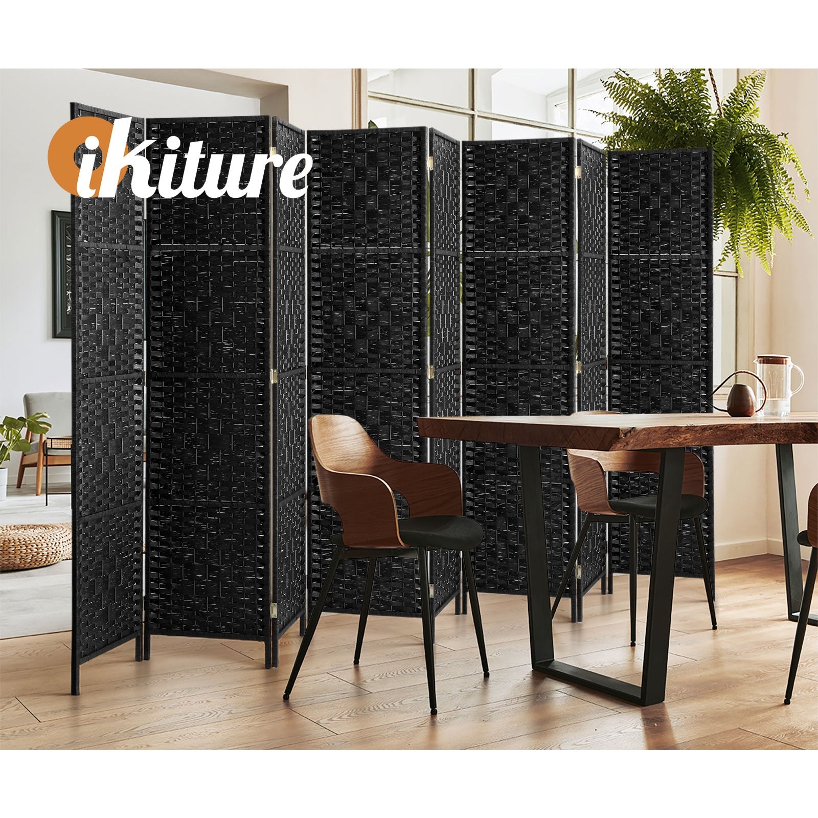 Oikiture 8 Panel Room Divider Screen Privacy Dividers Woven Wood Folding Black - Sunyee