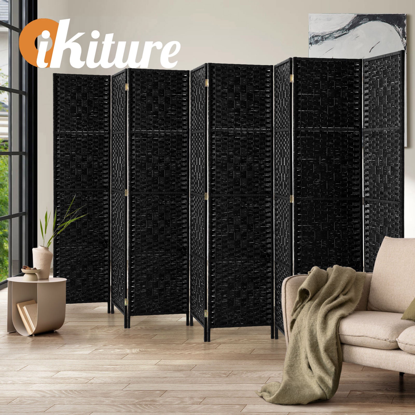 Oikiture 8 Panel Room Divider Screen Privacy Dividers Woven Wood Folding Black - Sunyee