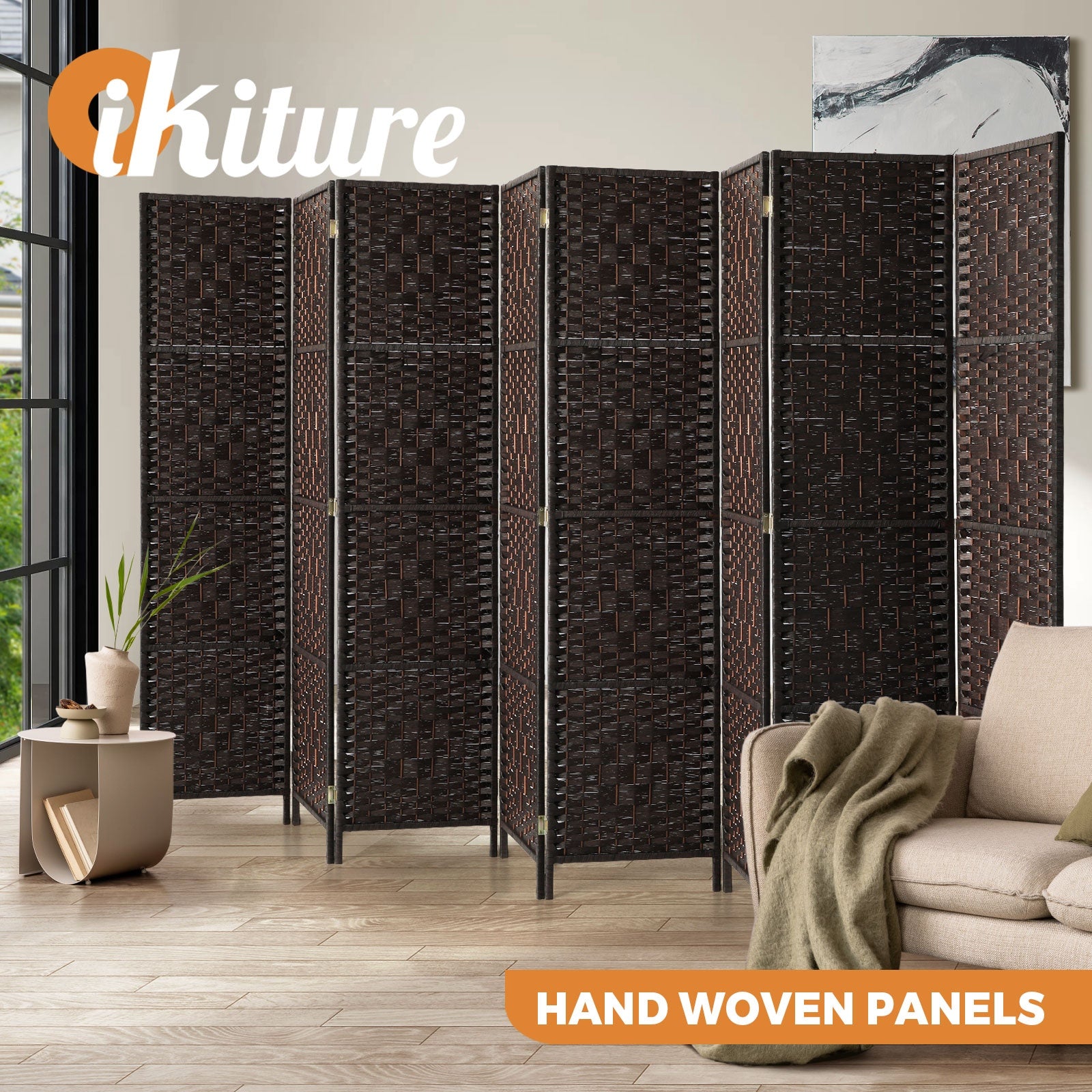 Oikiture 4/6/8 Panel Room Divider Privacy Screen Dividers Woven Wood Fold Stand - Sunyee