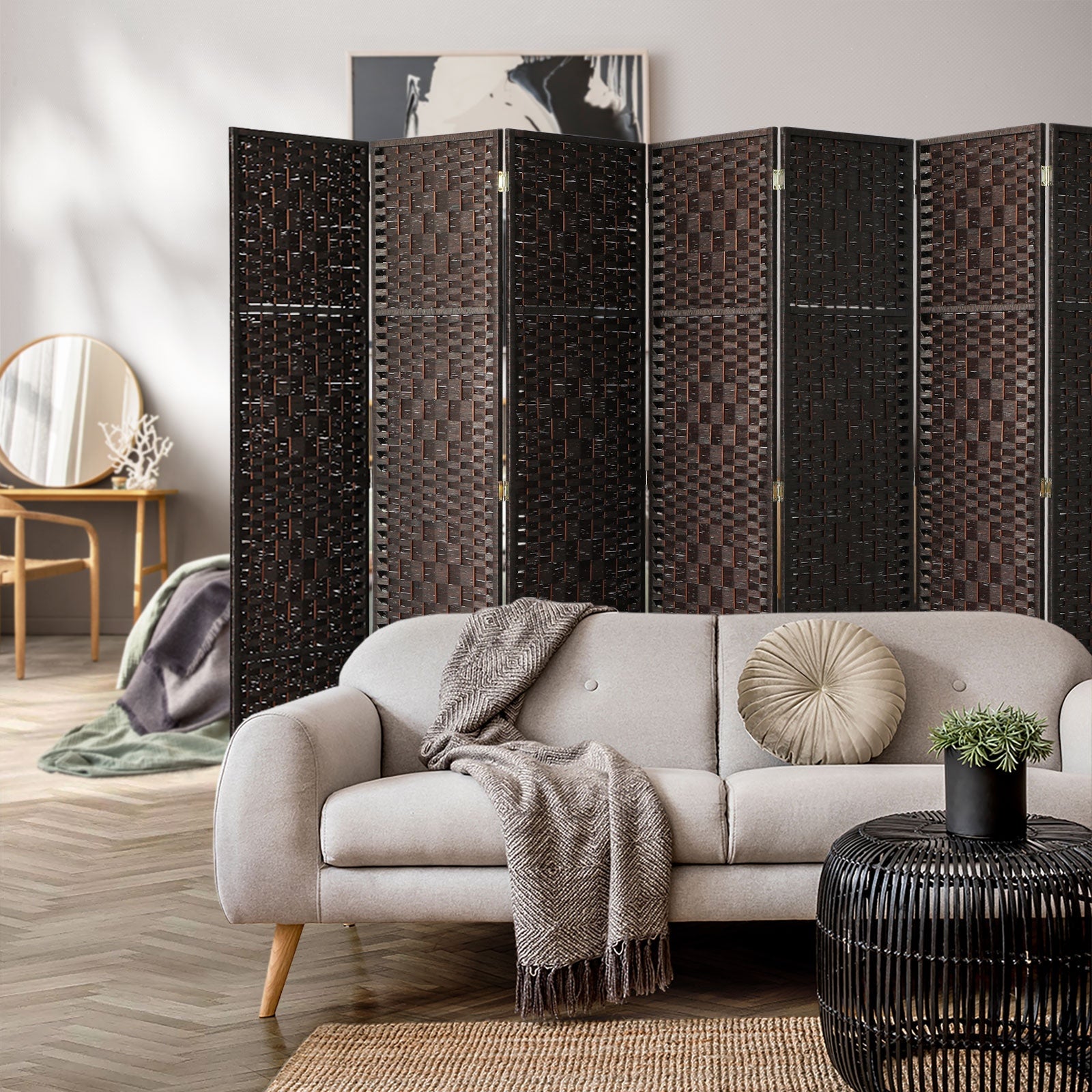 Oikiture 8 Panel Room Divider Screen Privacy Dividers Woven Wood Folding Brown - Sunyee