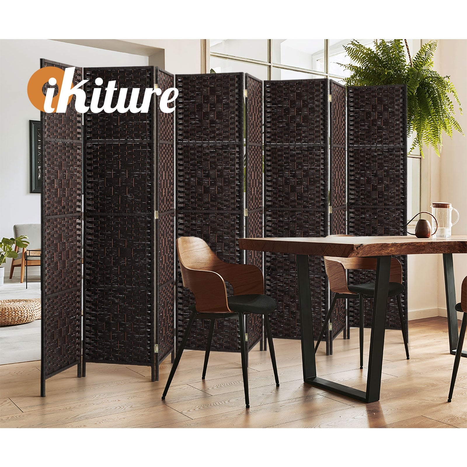 Oikiture 8 Panel Room Divider Screen Privacy Dividers Woven Wood Folding Brown - Sunyee