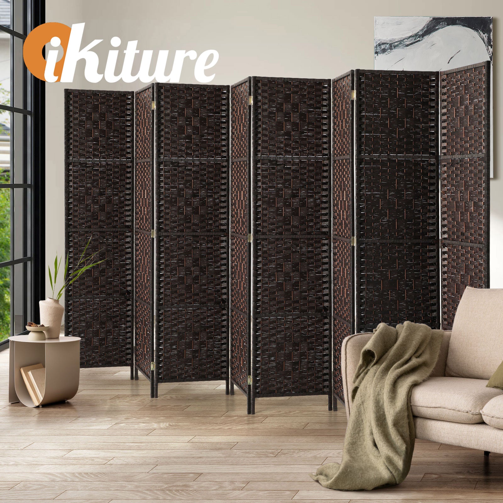 Oikiture 8 Panel Room Divider Screen Privacy Dividers Woven Wood Folding Brown - Sunyee
