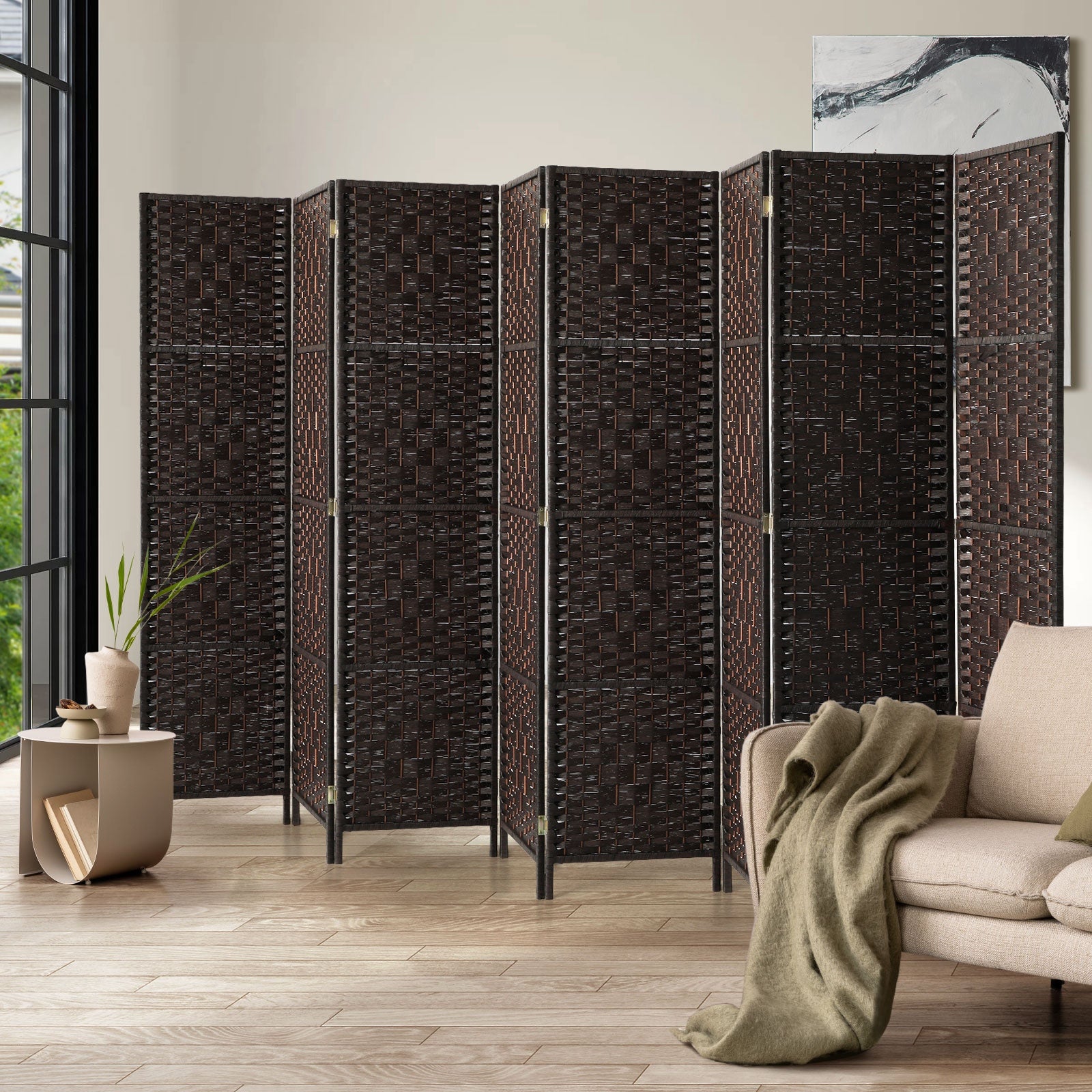 Oikiture 8 Panel Room Divider Screen Privacy Dividers Woven Wood Folding Brown - Sunyee