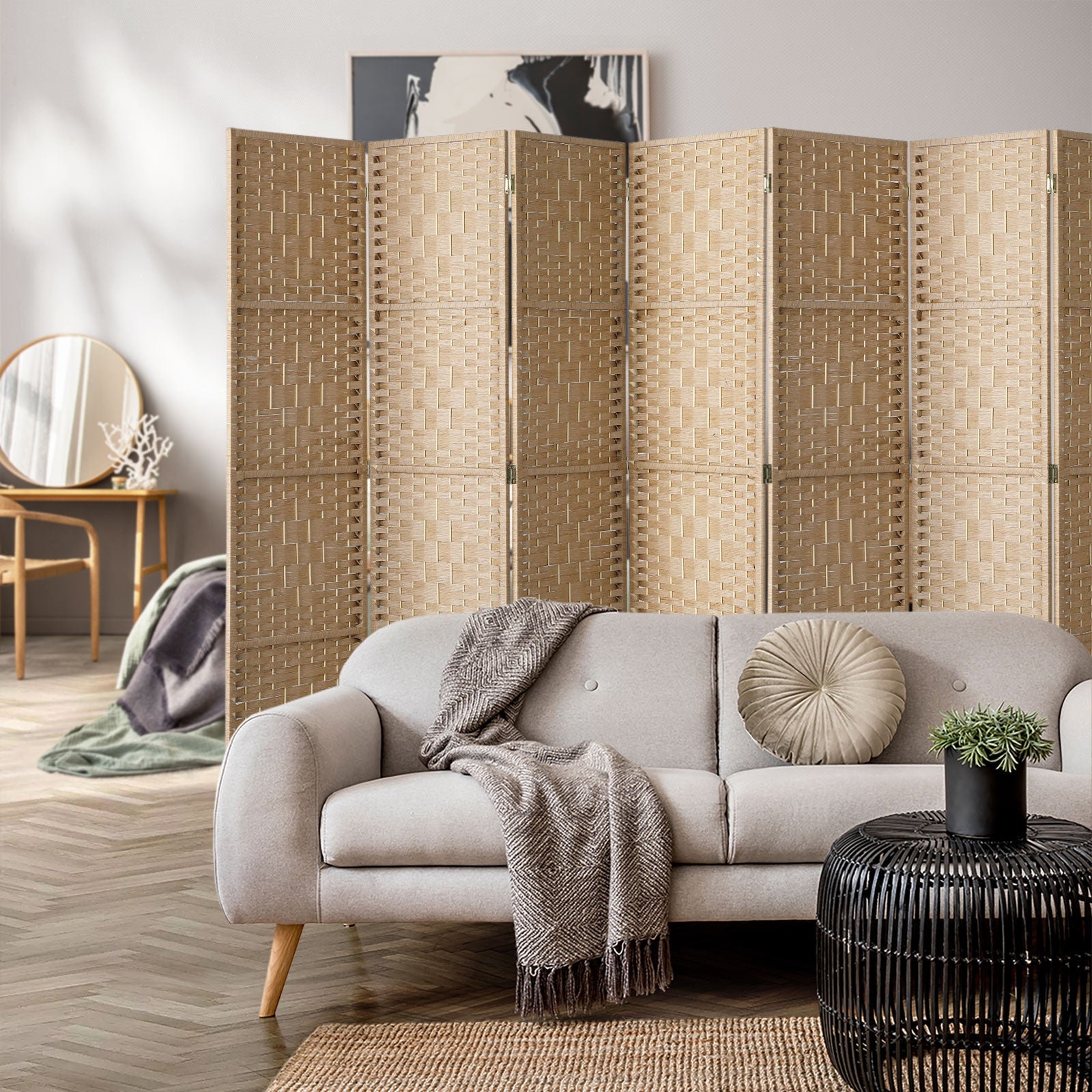 Oikiture 8 Panel Room Divider Privacy Screen Dividers Woven Wood Fold Stand - Sunyee