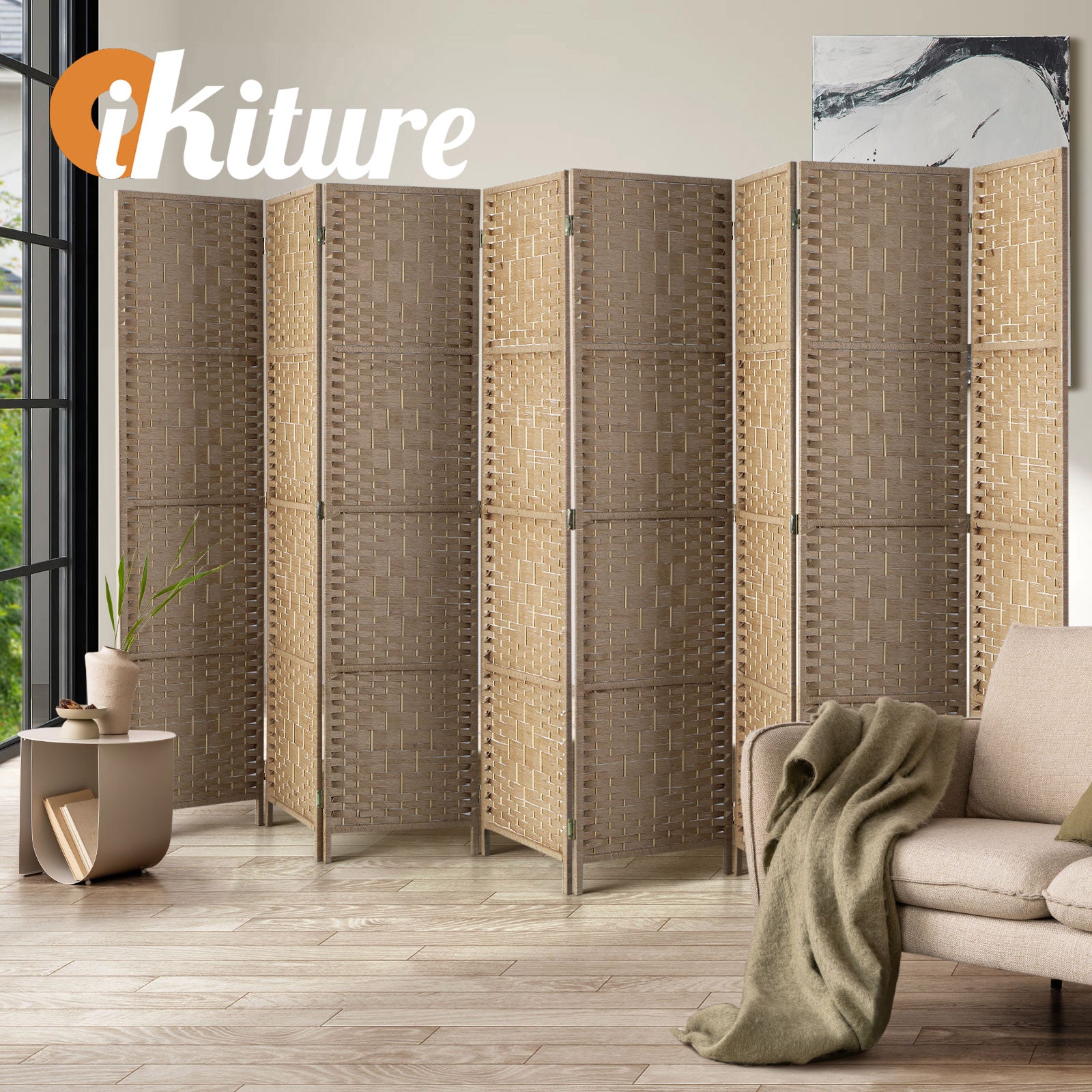 Oikiture 8 Panel Room Divider Privacy Screen Dividers Woven Wood Fold Stand - Sunyee