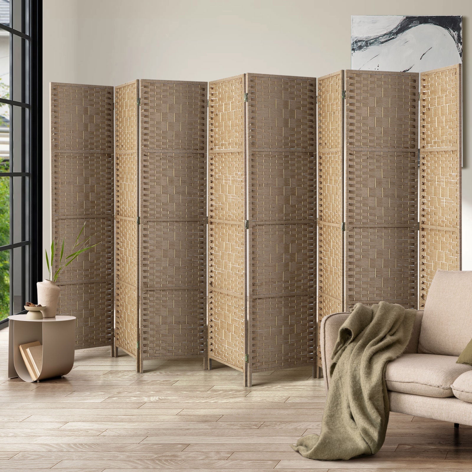 Oikiture 8 Panel Room Divider Privacy Screen Dividers Woven Wood Fold Stand - Sunyee