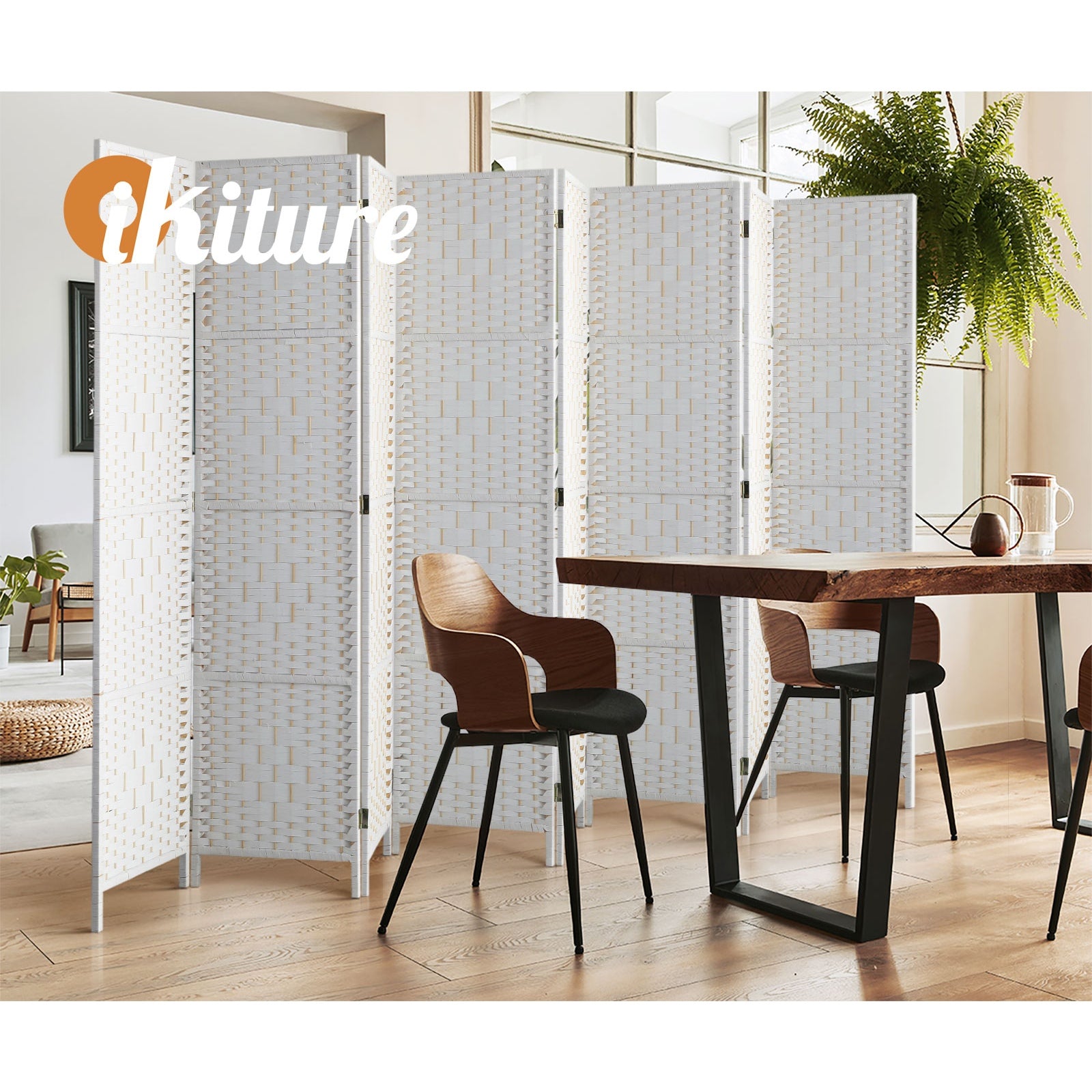 Oikiture 8 Panel Room Divider Screen Privacy Dividers Woven Wood Folding White - Sunyee