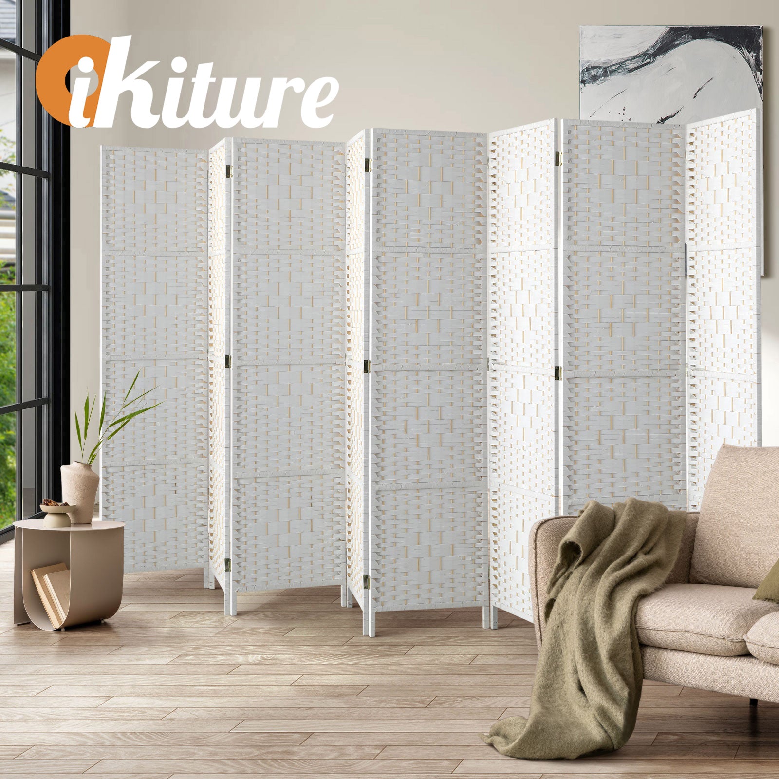 Oikiture 8 Panel Room Divider Screen Privacy Dividers Woven Wood Folding White - Sunyee