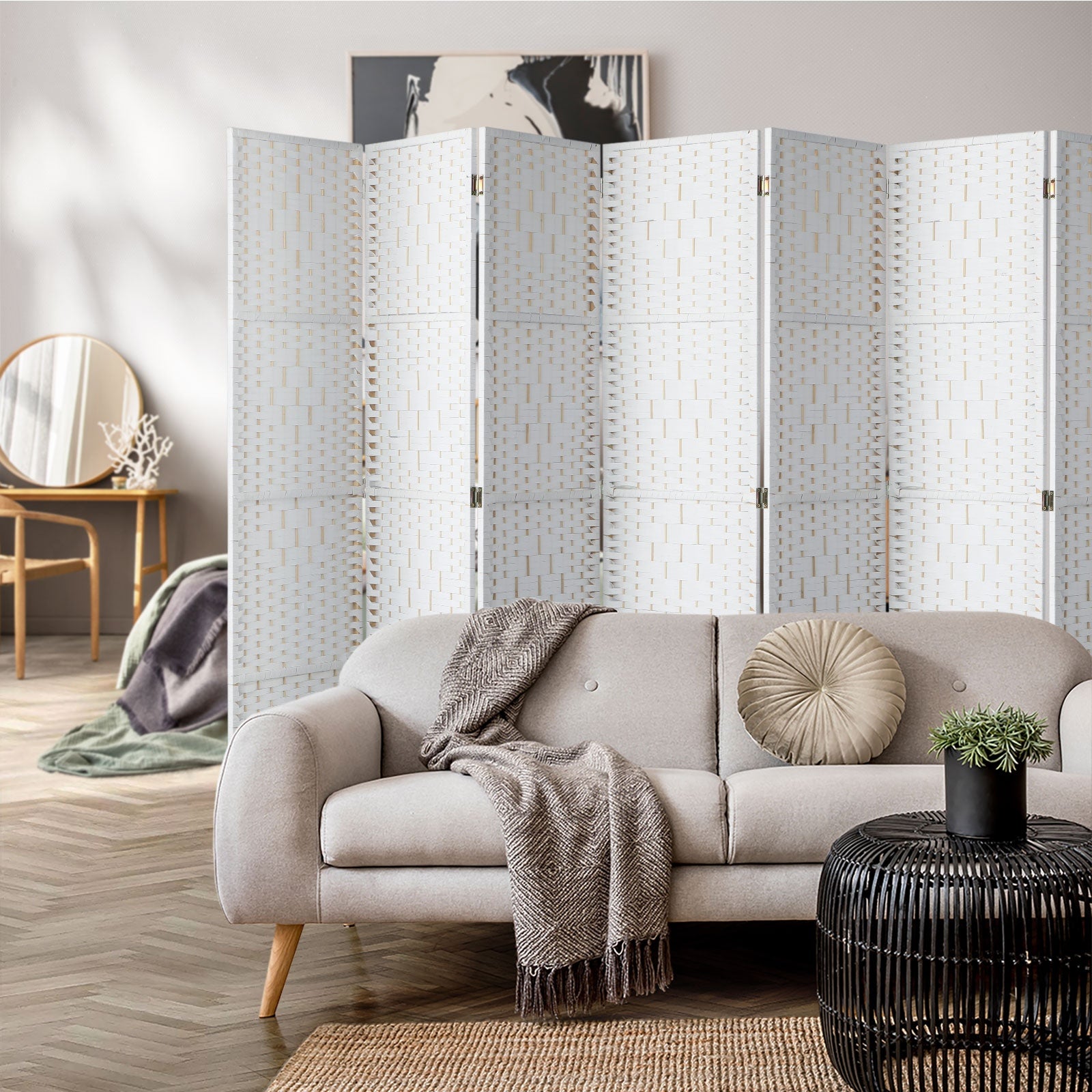 Oikiture 4/6/8 Panel Room Divider Privacy Screen Dividers Woven Wood Fold Stand - Sunyee