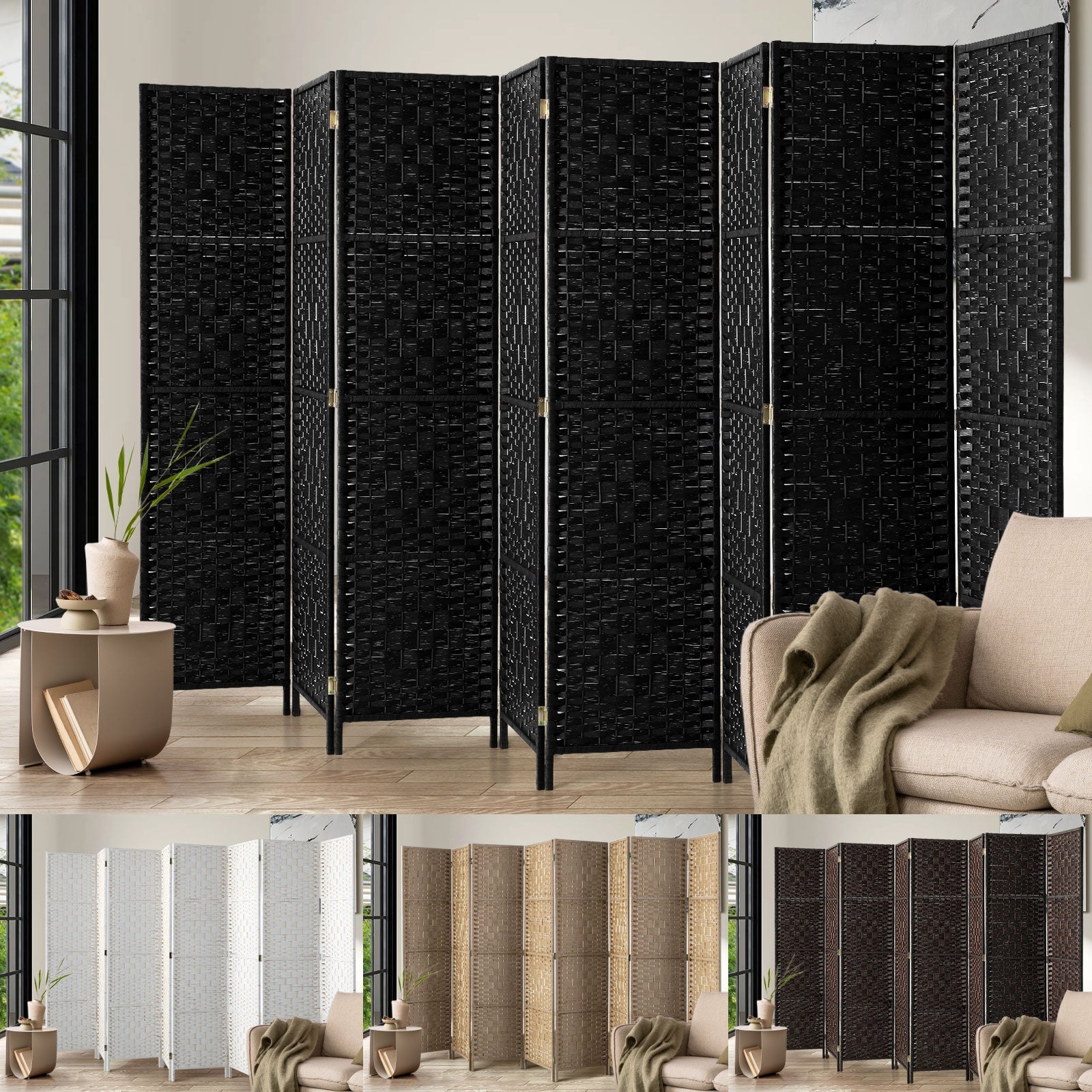 Oikiture 4/6/8 Panel Room Divider Privacy Screen Dividers Woven Wood Fold Stand - Sunyee