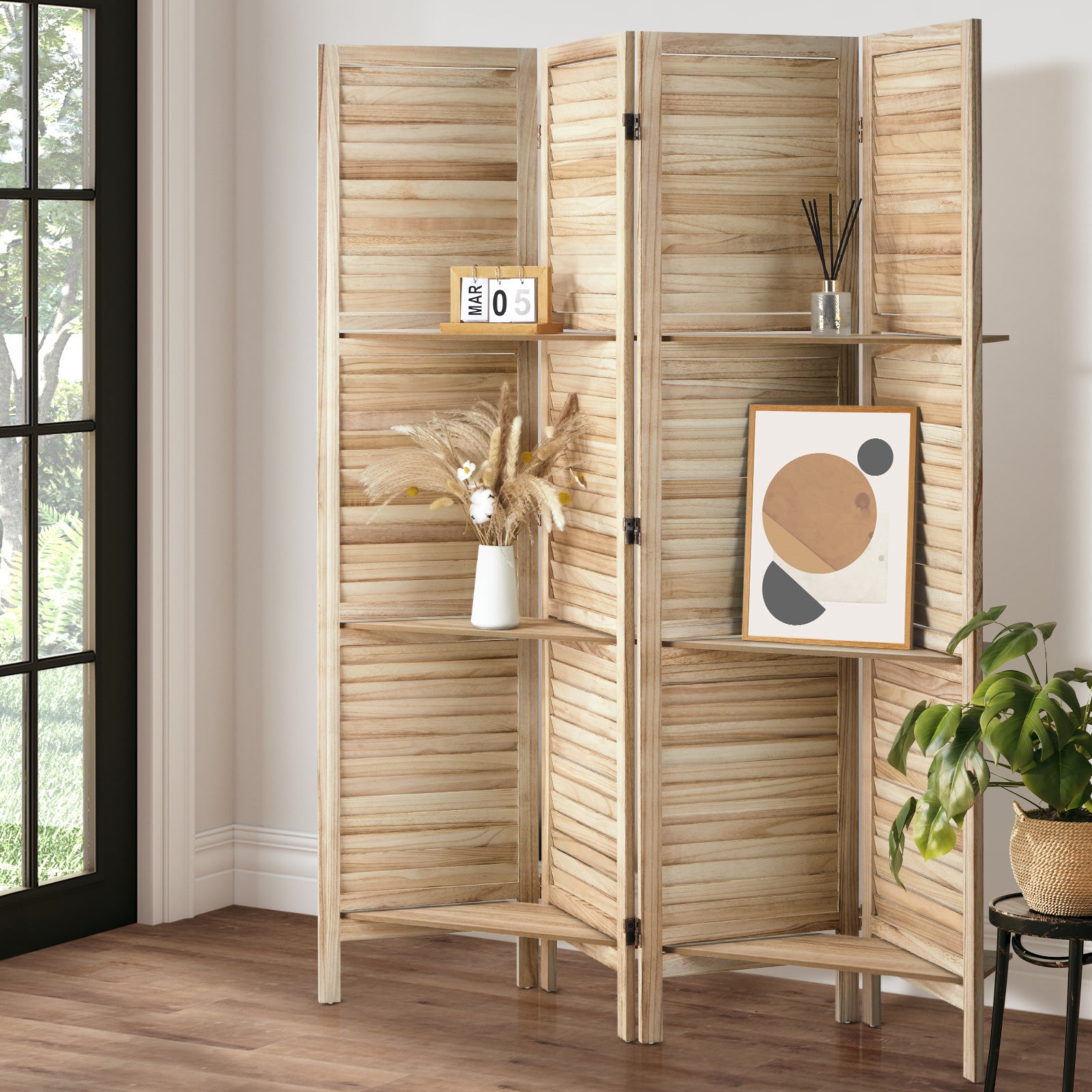 Oikiture 4 Panel Room Divider Privacy Screen With Shelves Timber Wooden Natural - Sunyee