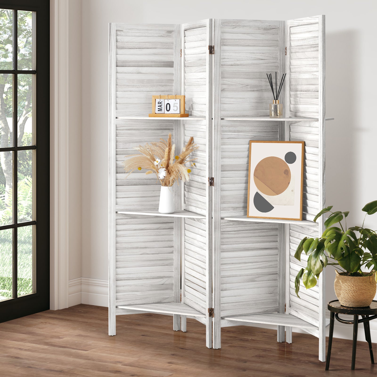 Oikiture 4 Panel Room Divider Privacy Screen With Shelves Timber Wooden White - Sunyee