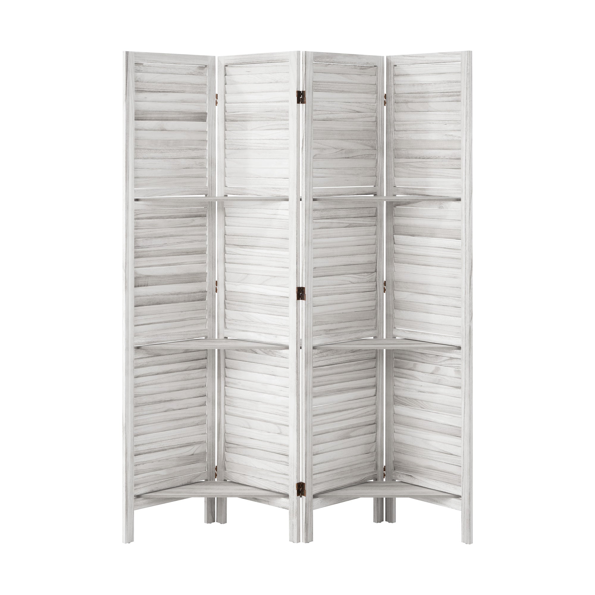 Oikiture 4 Panel Room Divider Privacy Screen With Shelves Timber Wooden White - Sunyee