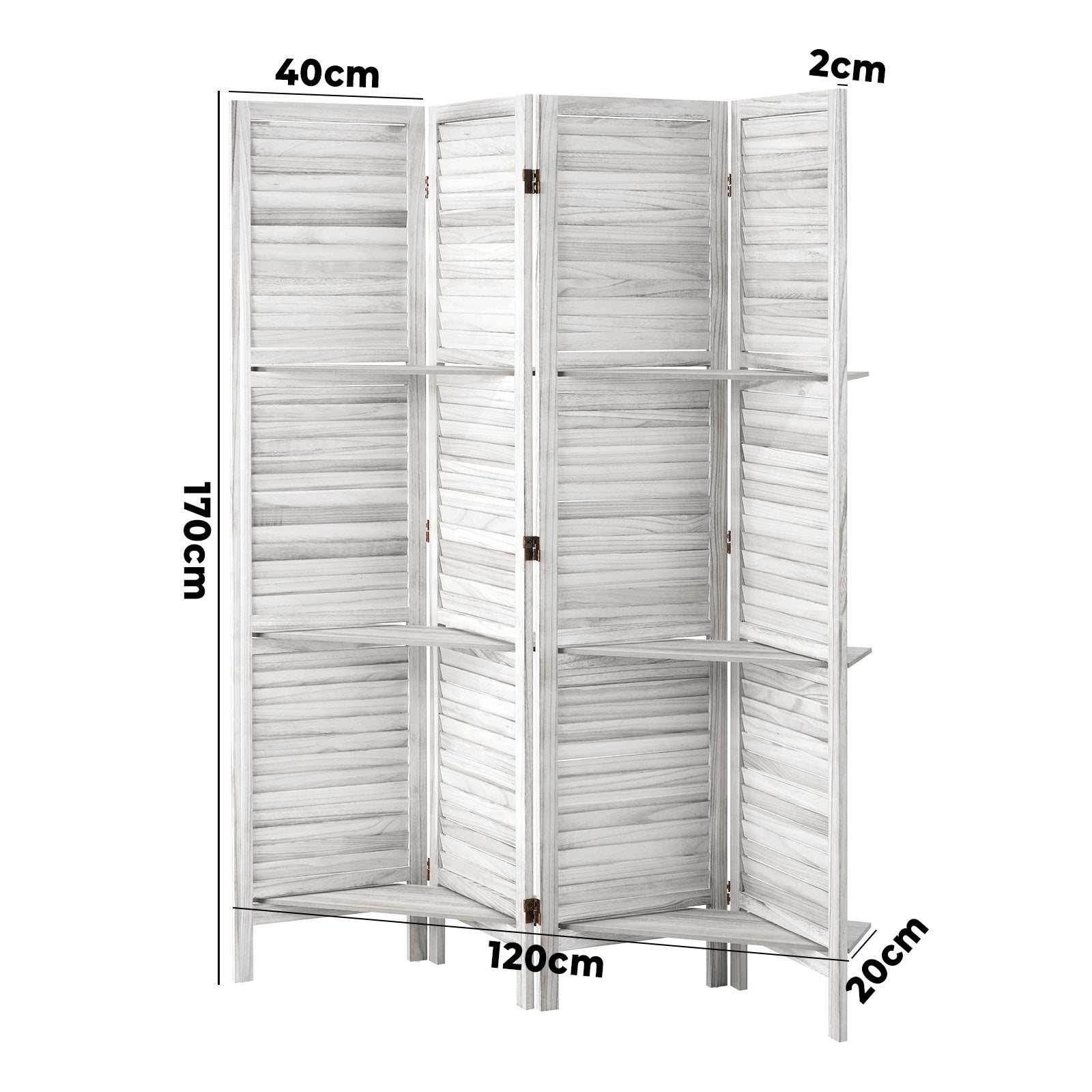 Oikiture 4 Panel Room Divider Privacy Screen With Shelves Timber Wooden White - Sunyee