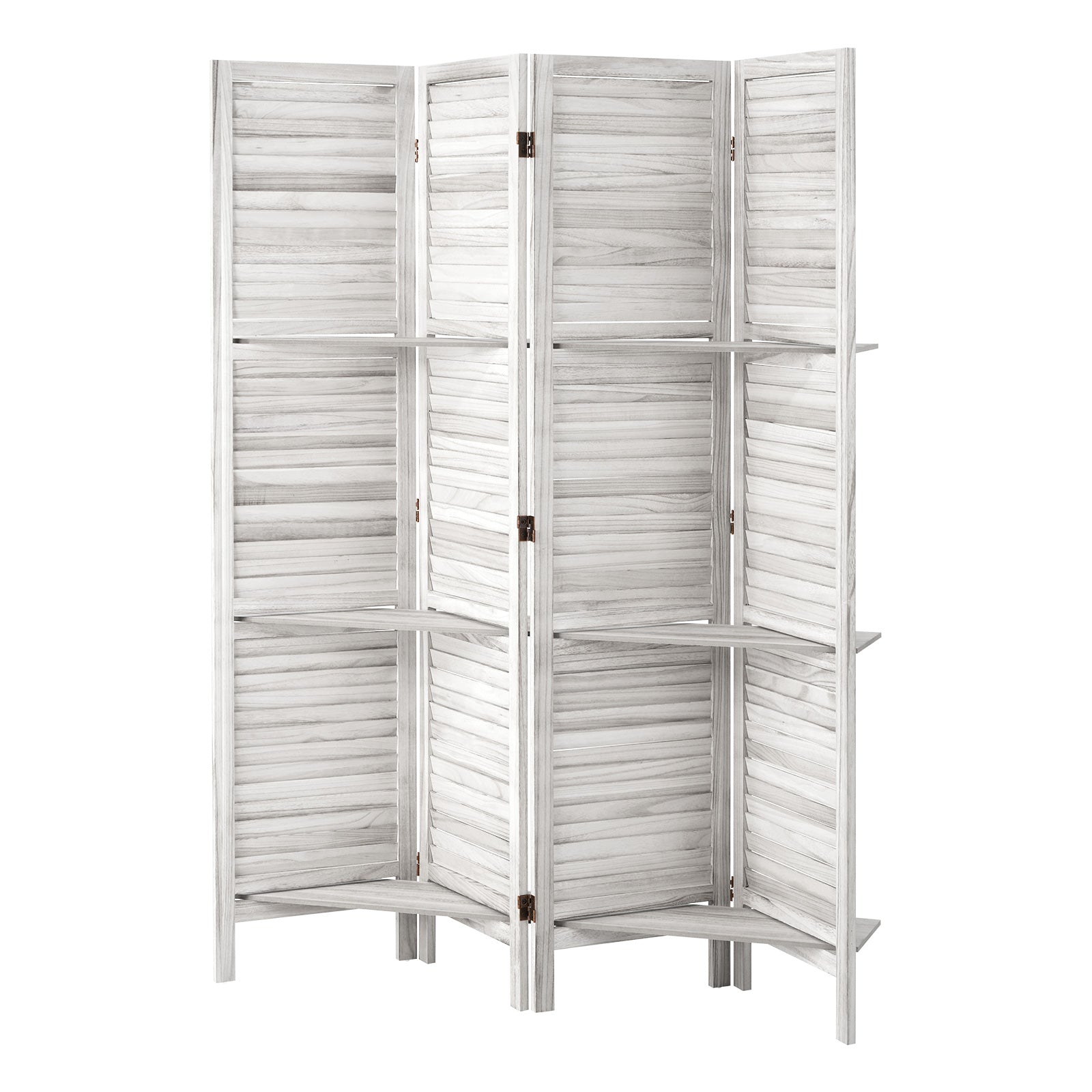 Oikiture 4 Panel Room Divider Privacy Screen With Shelves Timber Wooden White - Sunyee