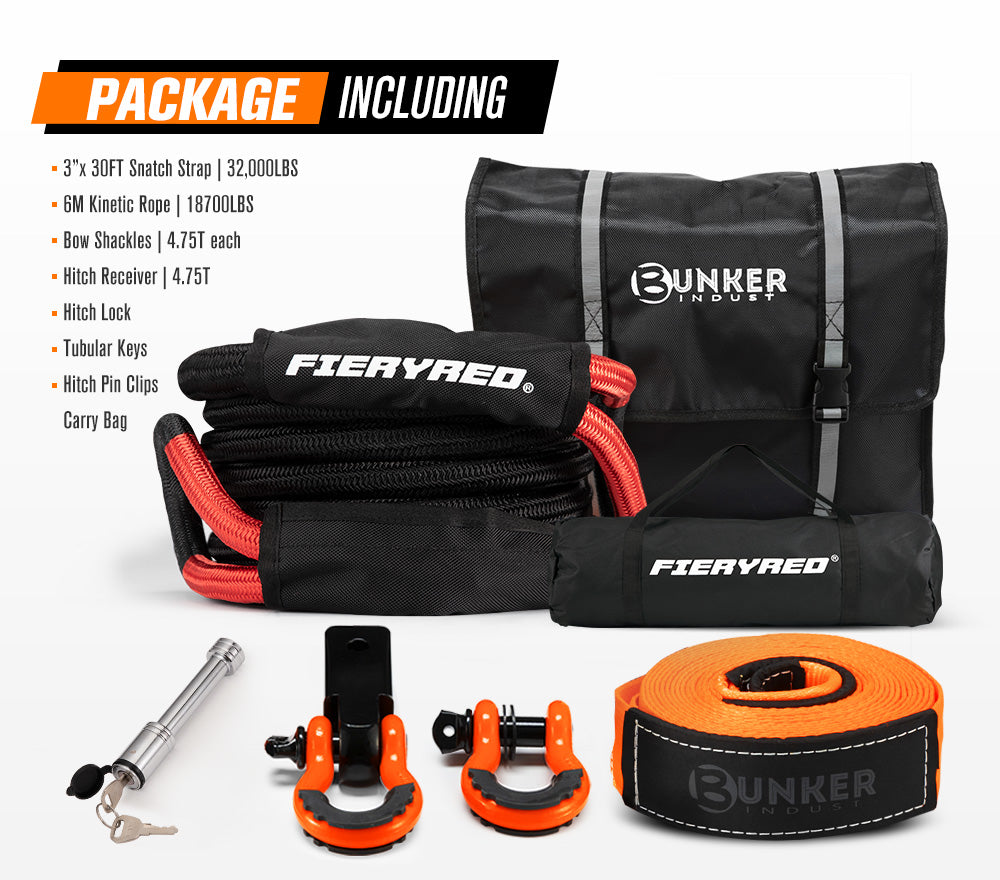 8PC Recovery Kit 6M Kinetic Rope Snatch Strap Hitch Receiver Shackles - Sunyee