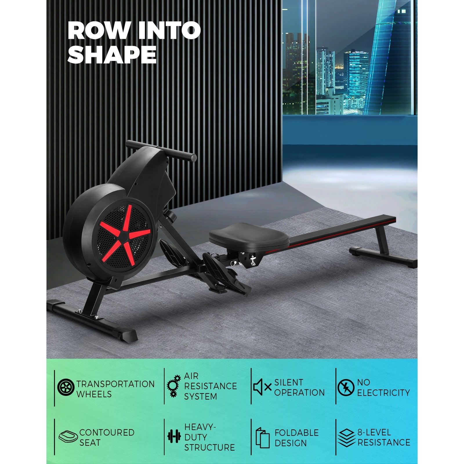 Finex Rowing Machine Rower Air Resistance Exercise Fitness Gym Home Cardio LCD - Sunyee