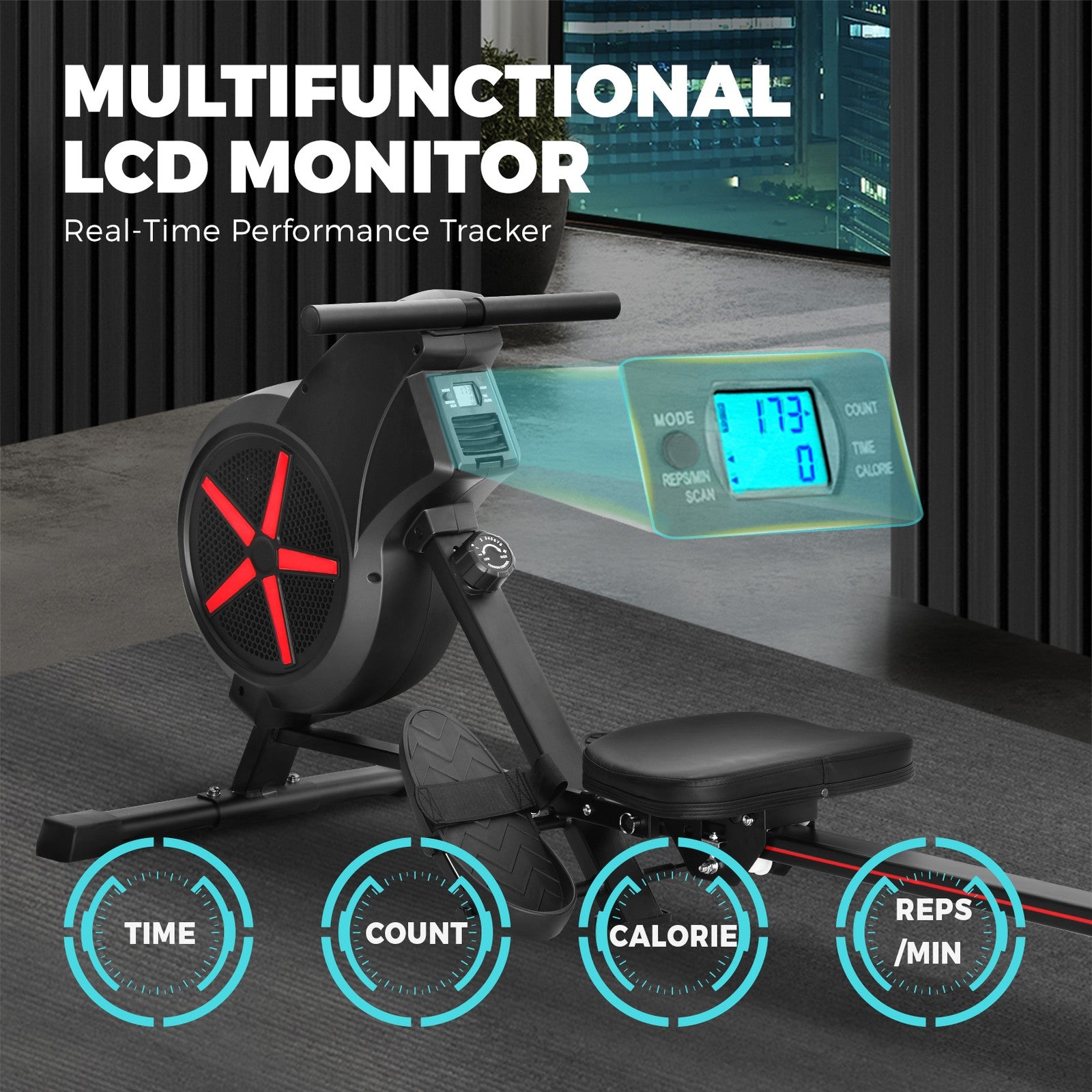 Finex Rowing Machine Rower Air Resistance Exercise Fitness Gym Home Cardio LCD - Sunyee