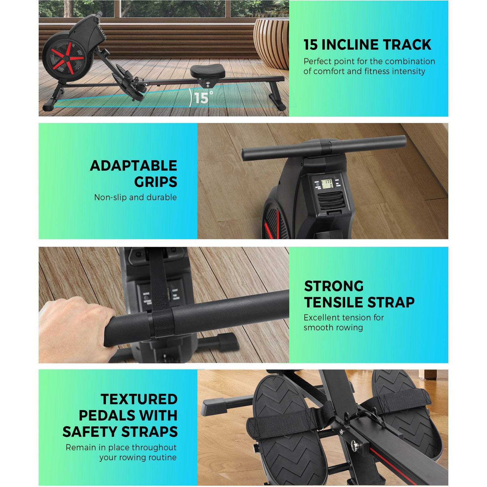 Finex Rowing Machine Rower Air Resistance Exercise Fitness Gym Home Cardio LCD - Sunyee