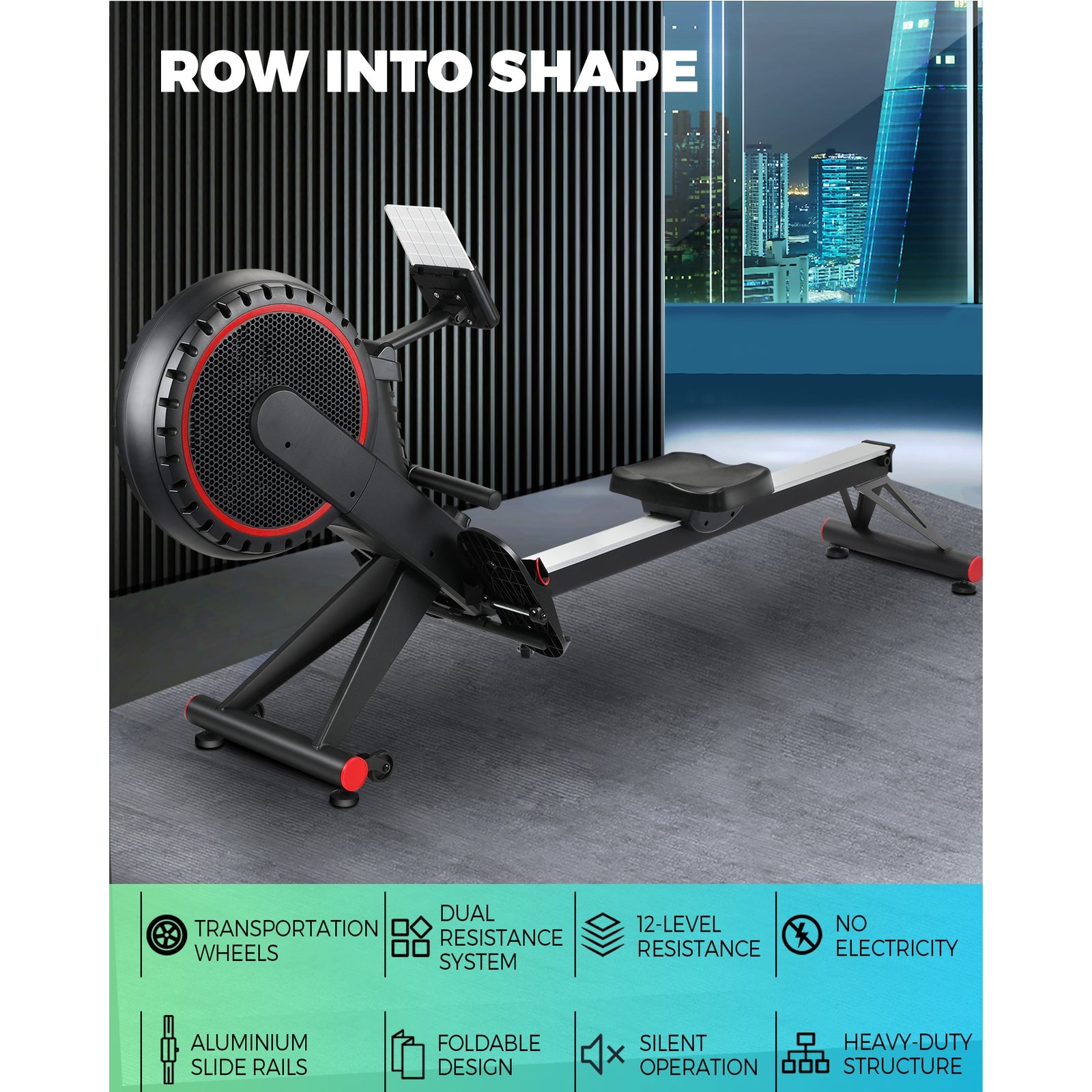 Finex Rowing Machine Rower Air Resistance Home Gym Fitness Foldable LCD Monitor - Sunyee