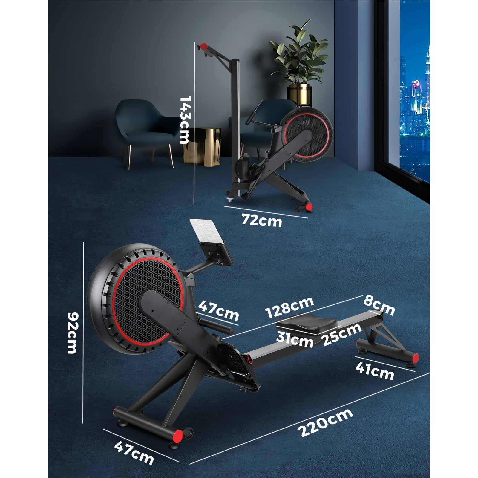 Finex Rowing Machine Rower Air Resistance Home Gym Fitness Foldable LCD Monitor - Sunyee