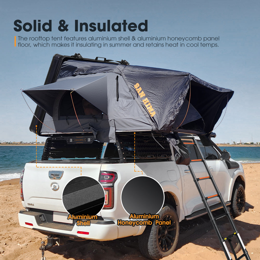 San Hima Jervis Pro Roof Top Tent Hardshell Side Opening + Universal Ute Tub Rack - Sunyee