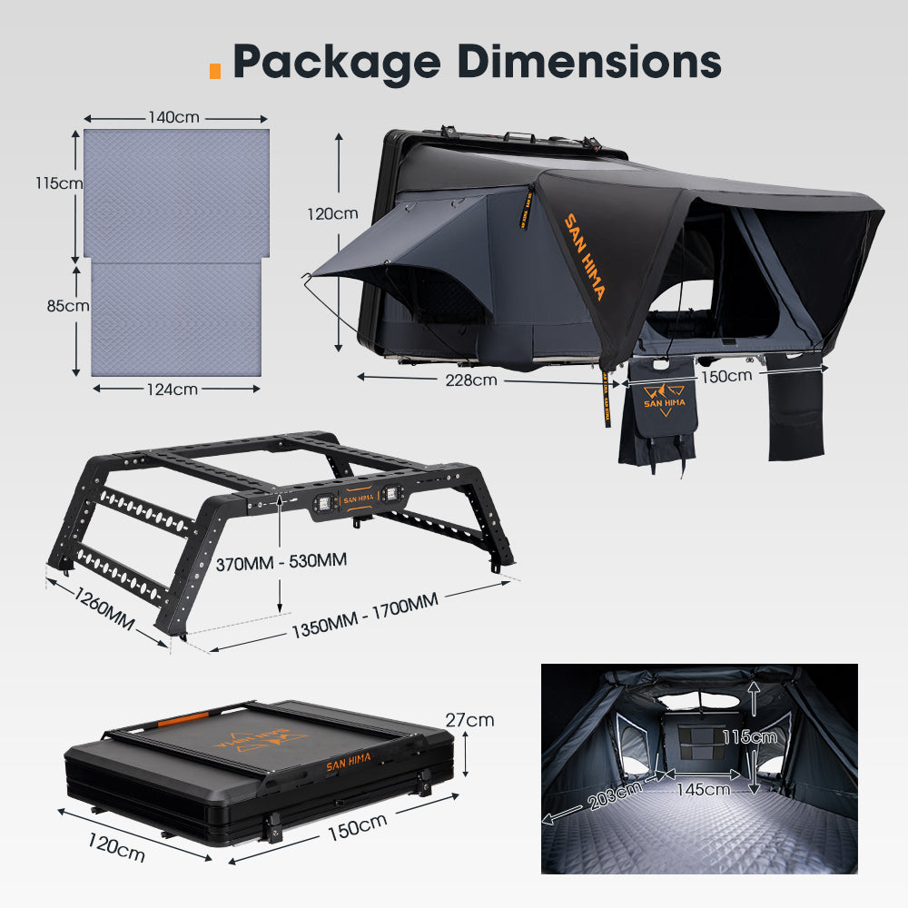 San Hima Jervis Pro Roof Top Tent Hardshell Side Opening + Universal Ute Tub Rack - Sunyee