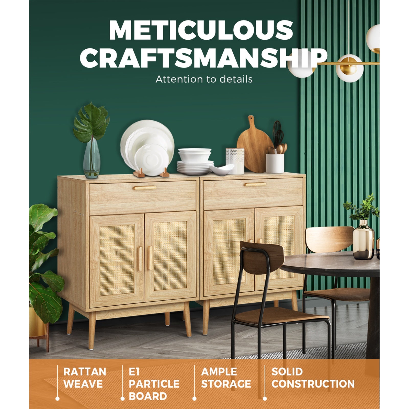 Oikiture Sideboard Cabinet Buffet Rattan Furniture Cupboard Hallway Table Wood - Sunyee