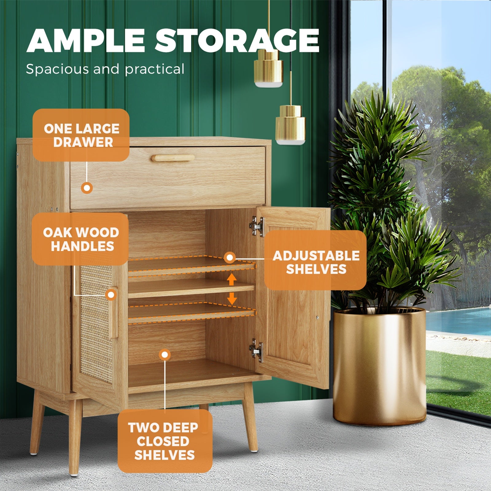 Oikiture Sideboard Cabinet Buffet Rattan Furniture Cupboard Hallway Table Wood - Sunyee