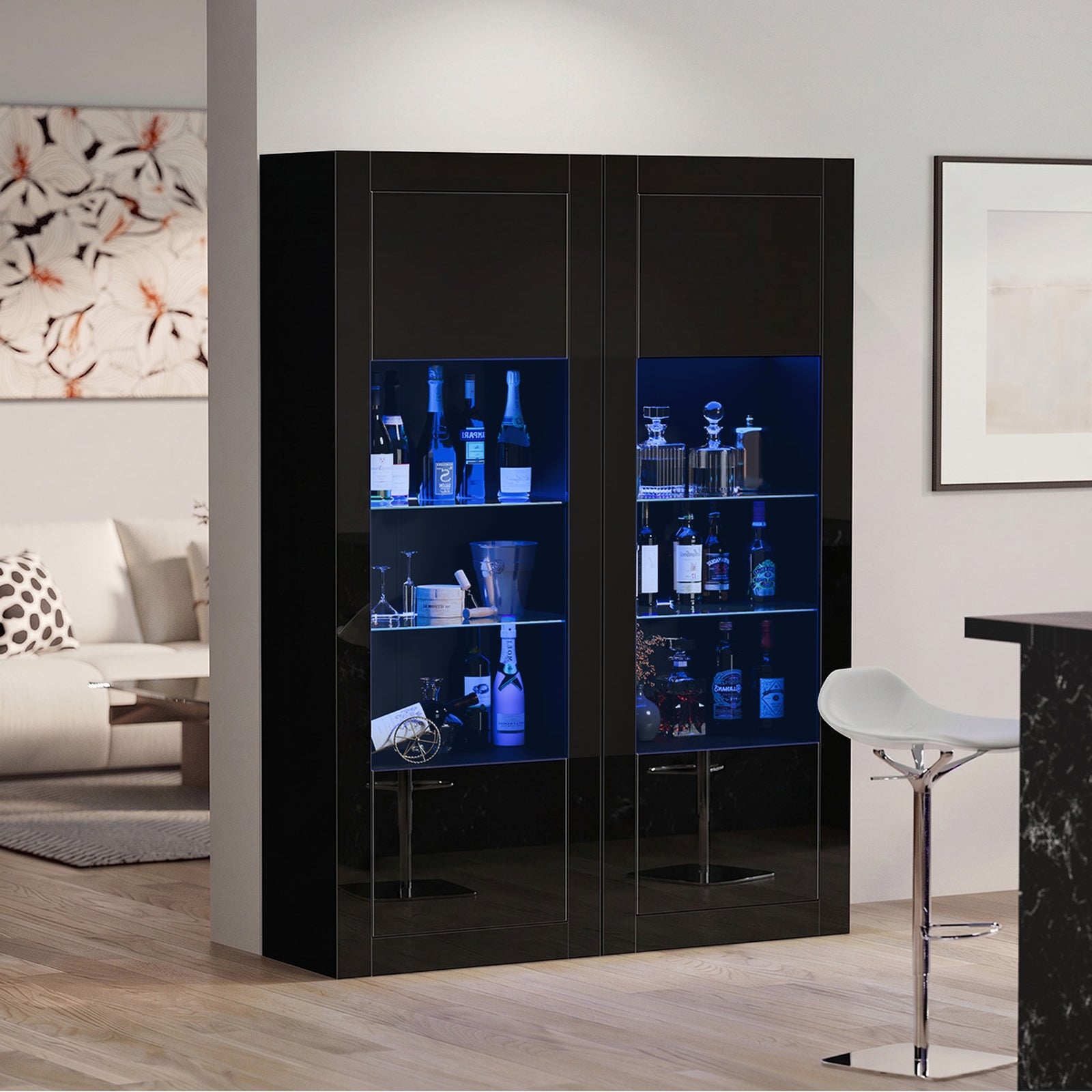 Oikiture Display Cabinet Buffet Sideboard Storage Cupboard LED Light 170cm Black