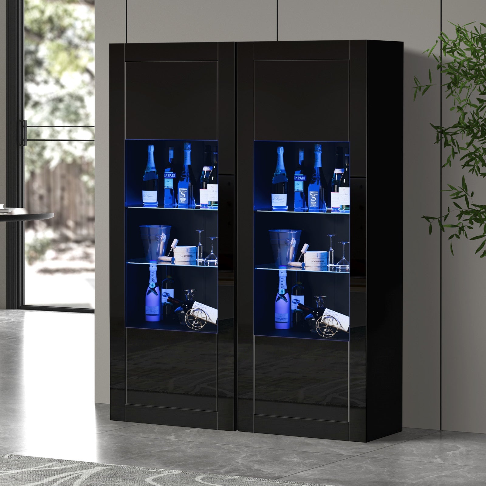 Oikiture 2PCS Display Cabinet Sideboard Buffet Storage Cupboard LED Light Black