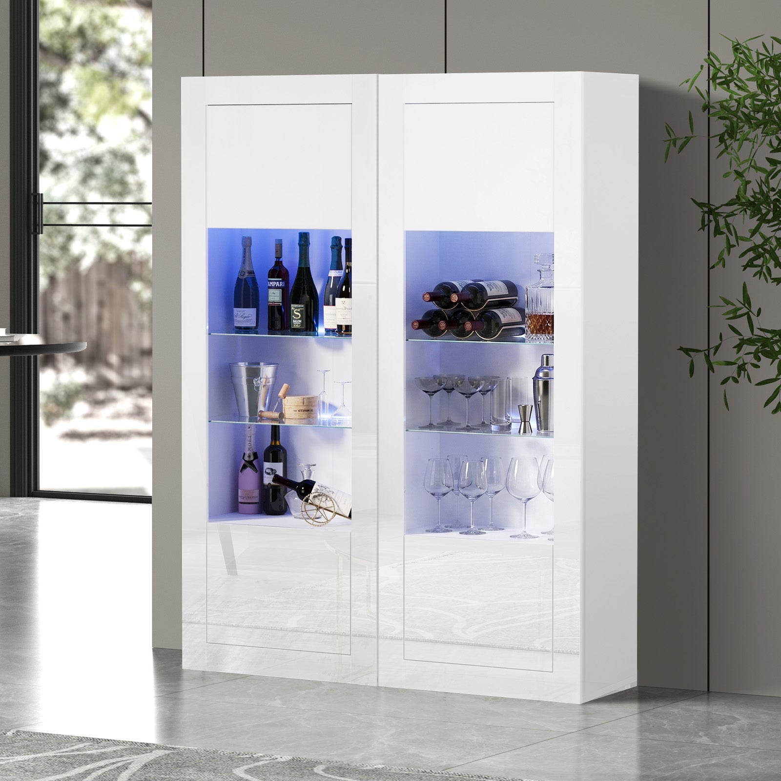 Oikiture 2PCS Display Cabinet Sideboard Buffet Storage Cupboard LED Light White