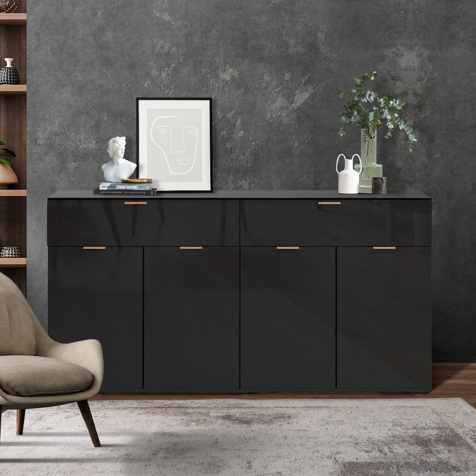 Oikiture Sideboard Buffet Storage Cabinet High Gloss 4 Doors 2 Drawers Black - Sunyee