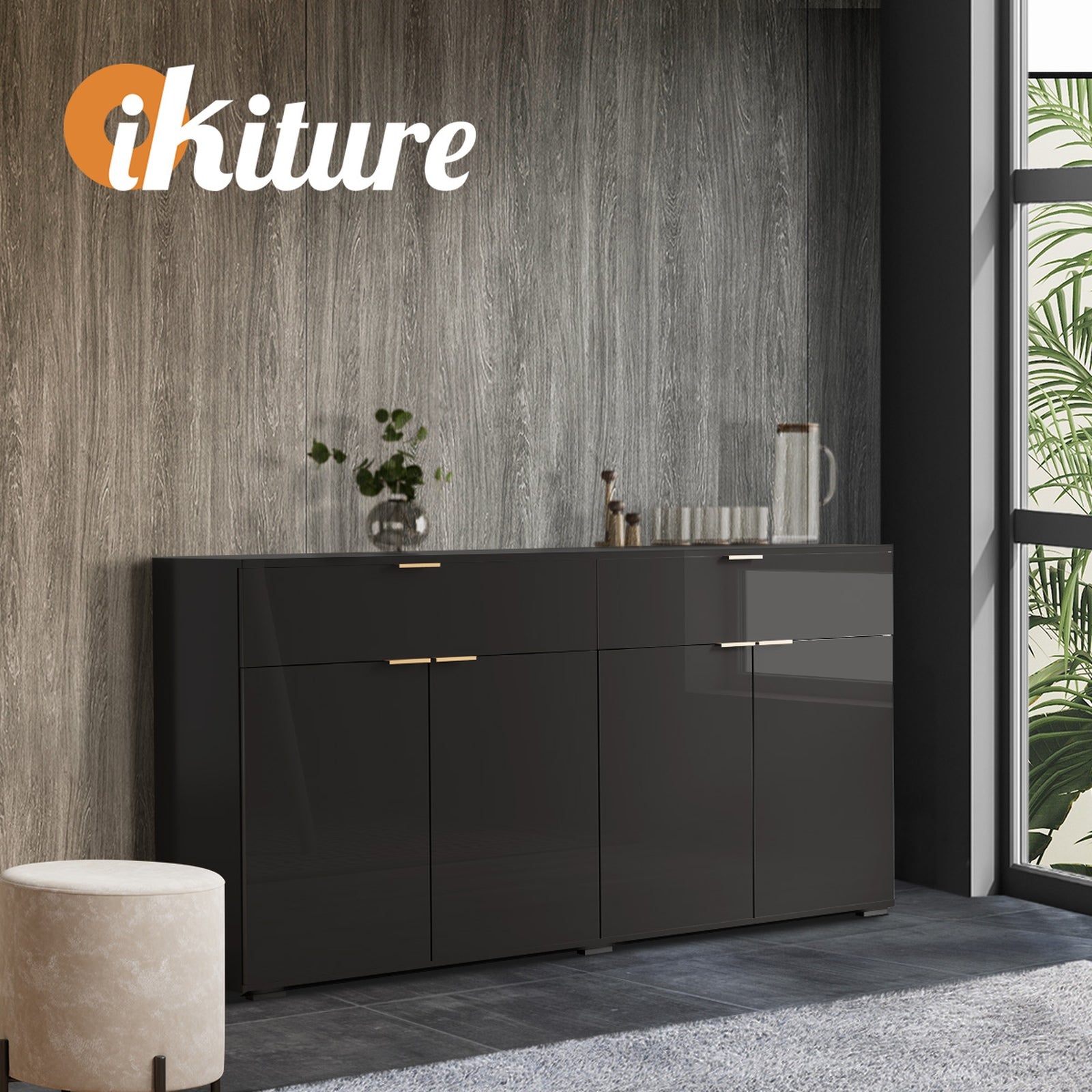 Oikiture Sideboard Buffet Storage Cabinet High Gloss 4 Doors 2 Drawers Black - Sunyee