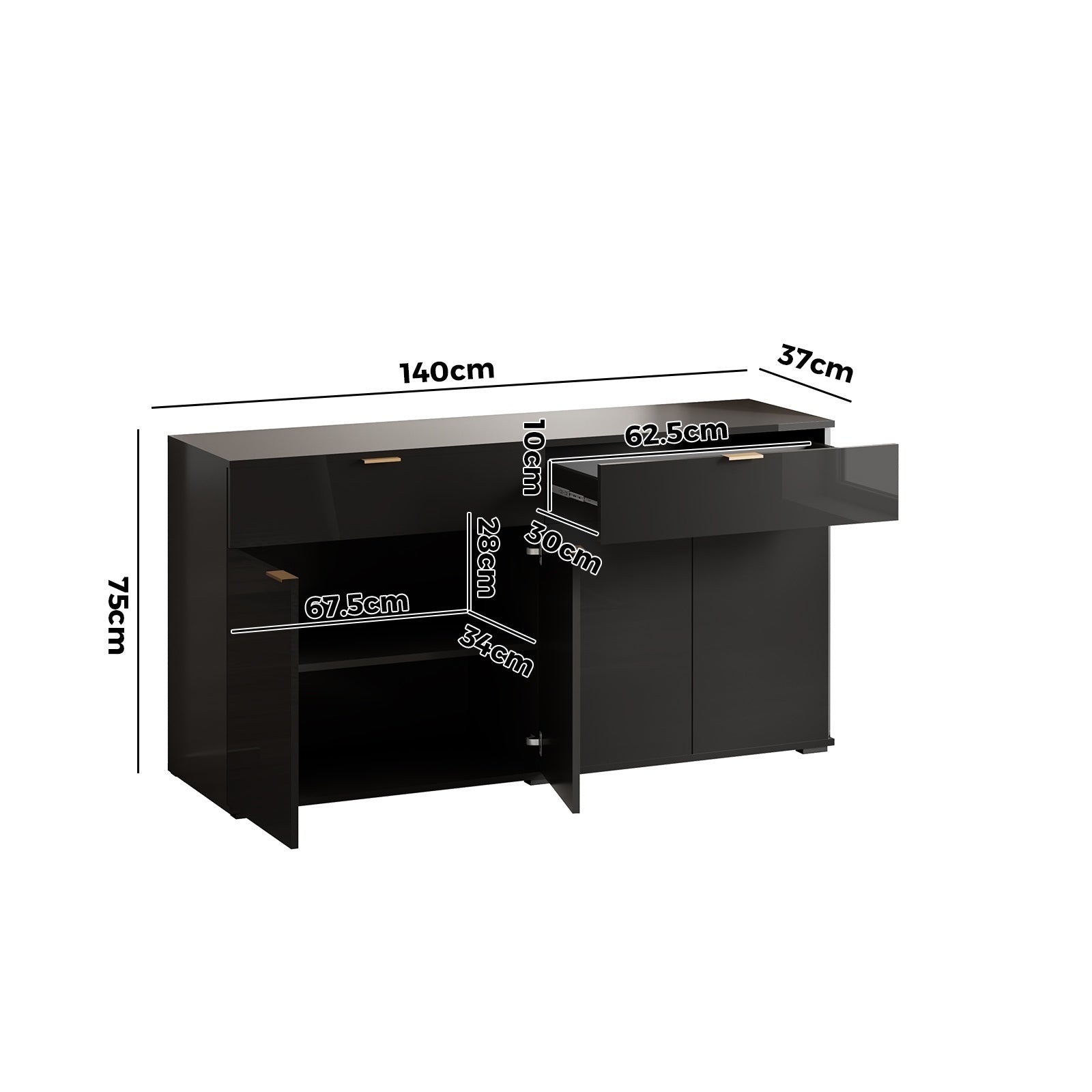 Oikiture Sideboard Buffet Storage Cabinet High Gloss 4 Doors 2 Drawers Black - Sunyee