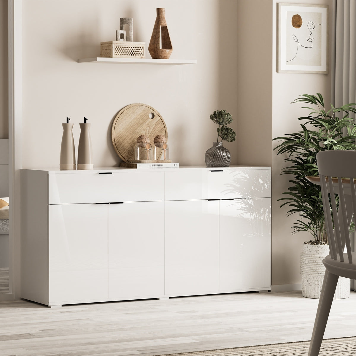 Oikiture Sideboard Buffet Storage Cabinet High Gloss 4 Doors 2 Drawers White - Sunyee