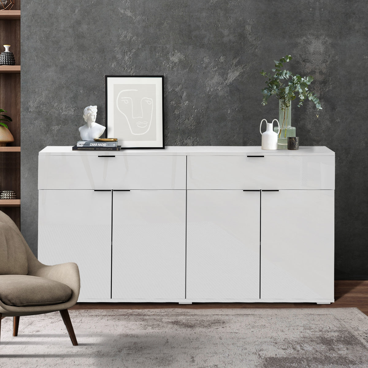Oikiture Sideboard Buffet Storage Cabinet High Gloss 4 Doors 2 Drawers White - Sunyee