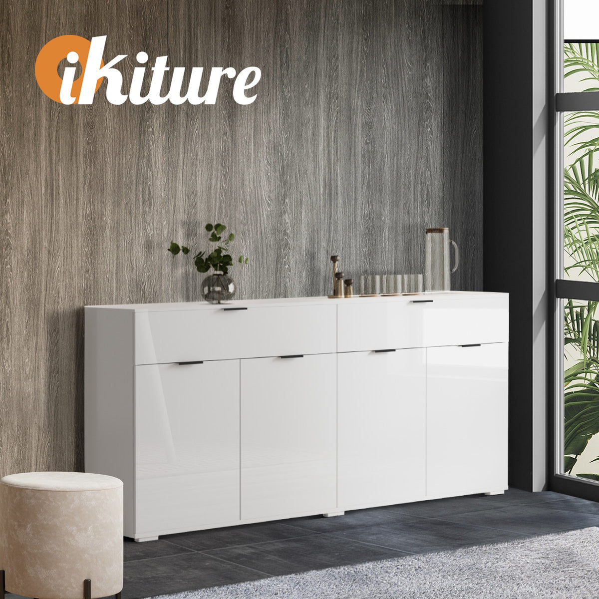 Oikiture Sideboard Buffet Storage Cabinet High Gloss 4 Doors 2 Drawers White - Sunyee