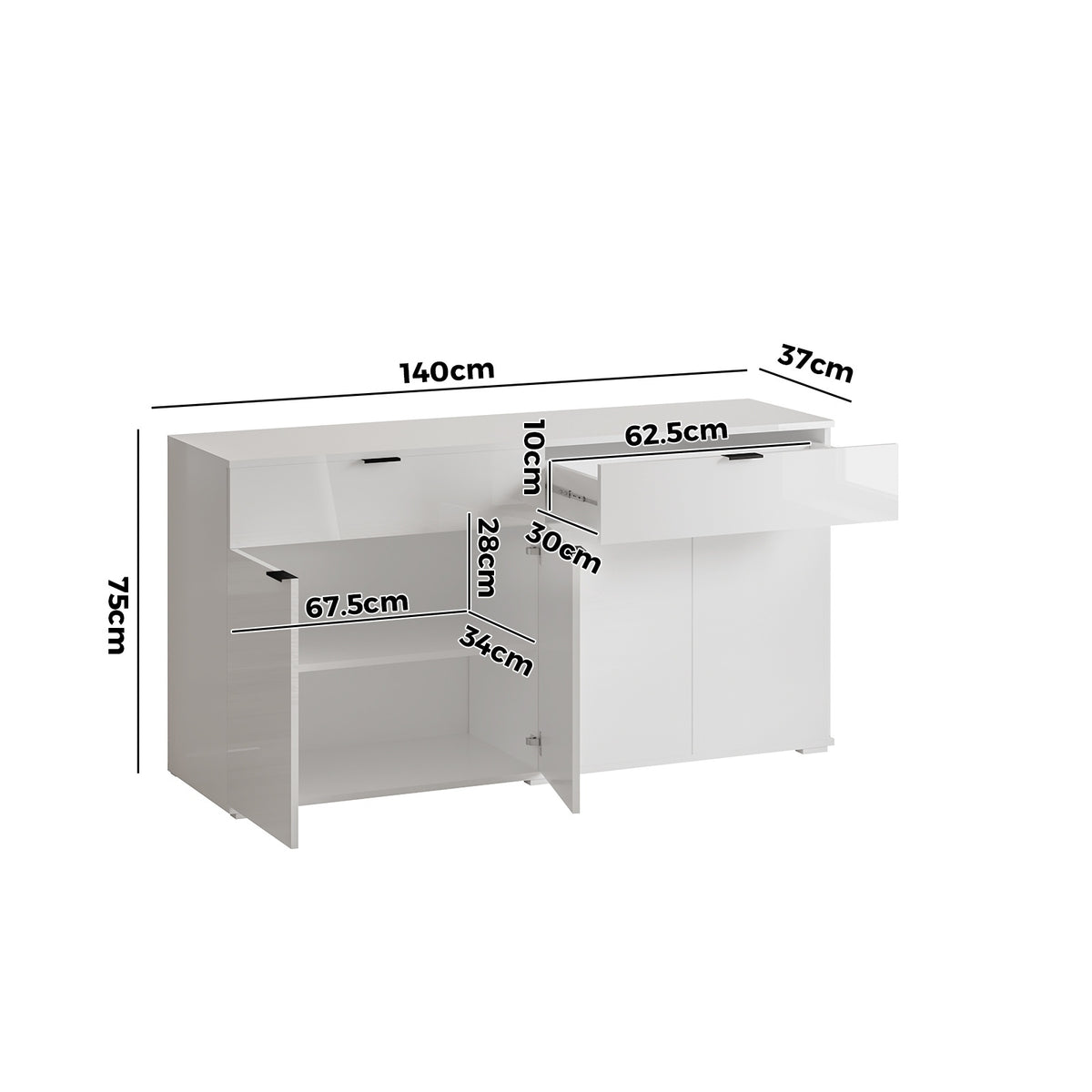 Oikiture Sideboard Buffet Storage Cabinet High Gloss 4 Doors 2 Drawers White - Sunyee