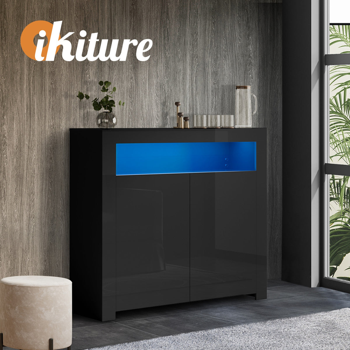 Oikiture Buffet Sideboard Storage Cabinet LED RGB High Gloss 2 Doors Black - Sunyee