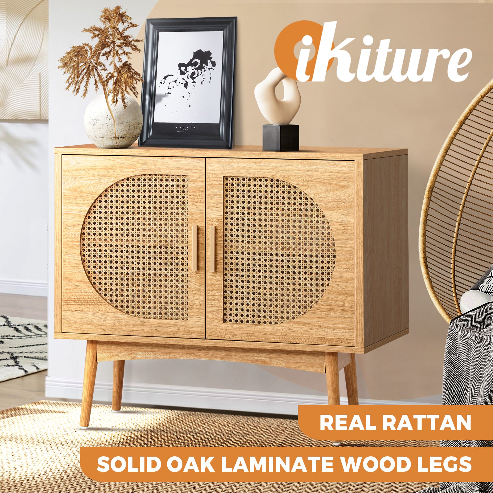 Oikiture Sideboard Cabinet Buffet Rattan Furniture Cupboard Hallway Shelf Wood - Sunyee